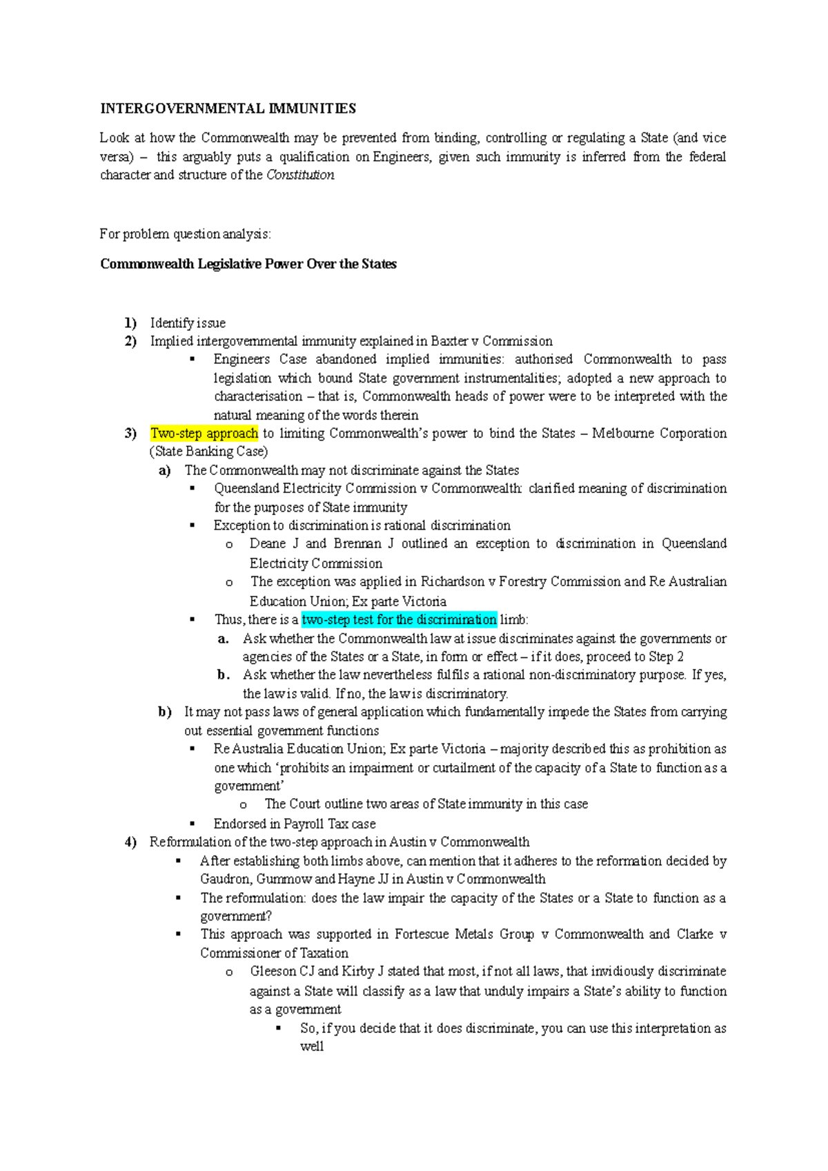 Immunity/ Inconsistency - INTERGOVERNMENTAL IMMUNITIES Look at how the ...
