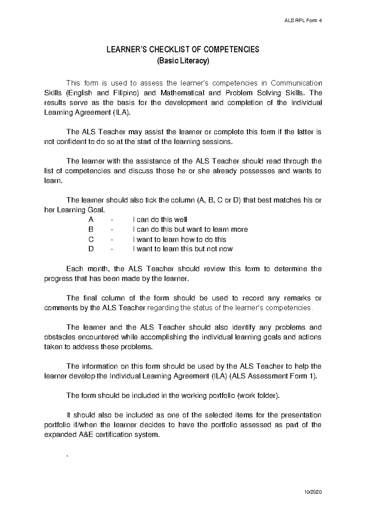 ALS+RPL+FORM+4 Learner’S+ Checklist+OF+ Competencies+FOR+ Basic+ ...