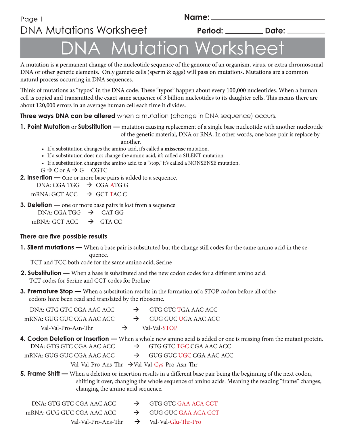 Dna mutations worksheet - ####### Page 10 DNA Mutations Worksheet Within Dna Mutations Practice Worksheet Answer