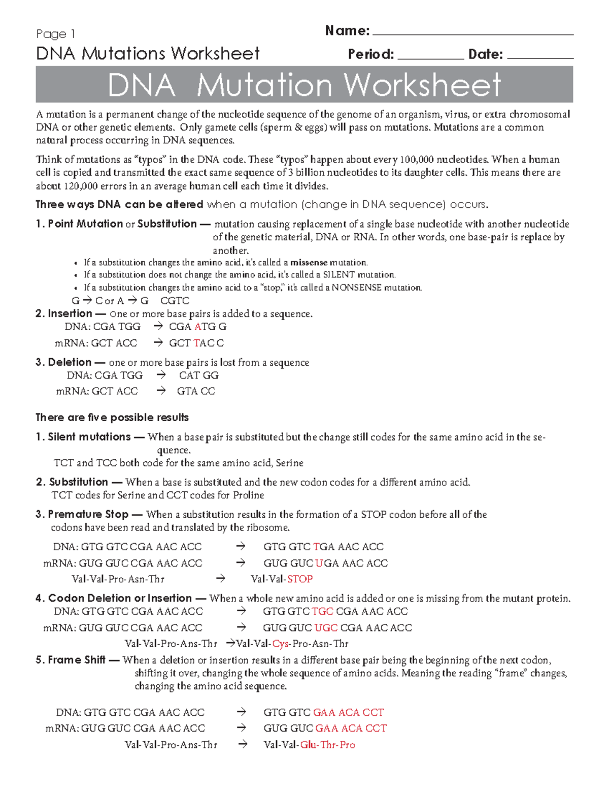 Gene And Chromosome Mutation Worksheet