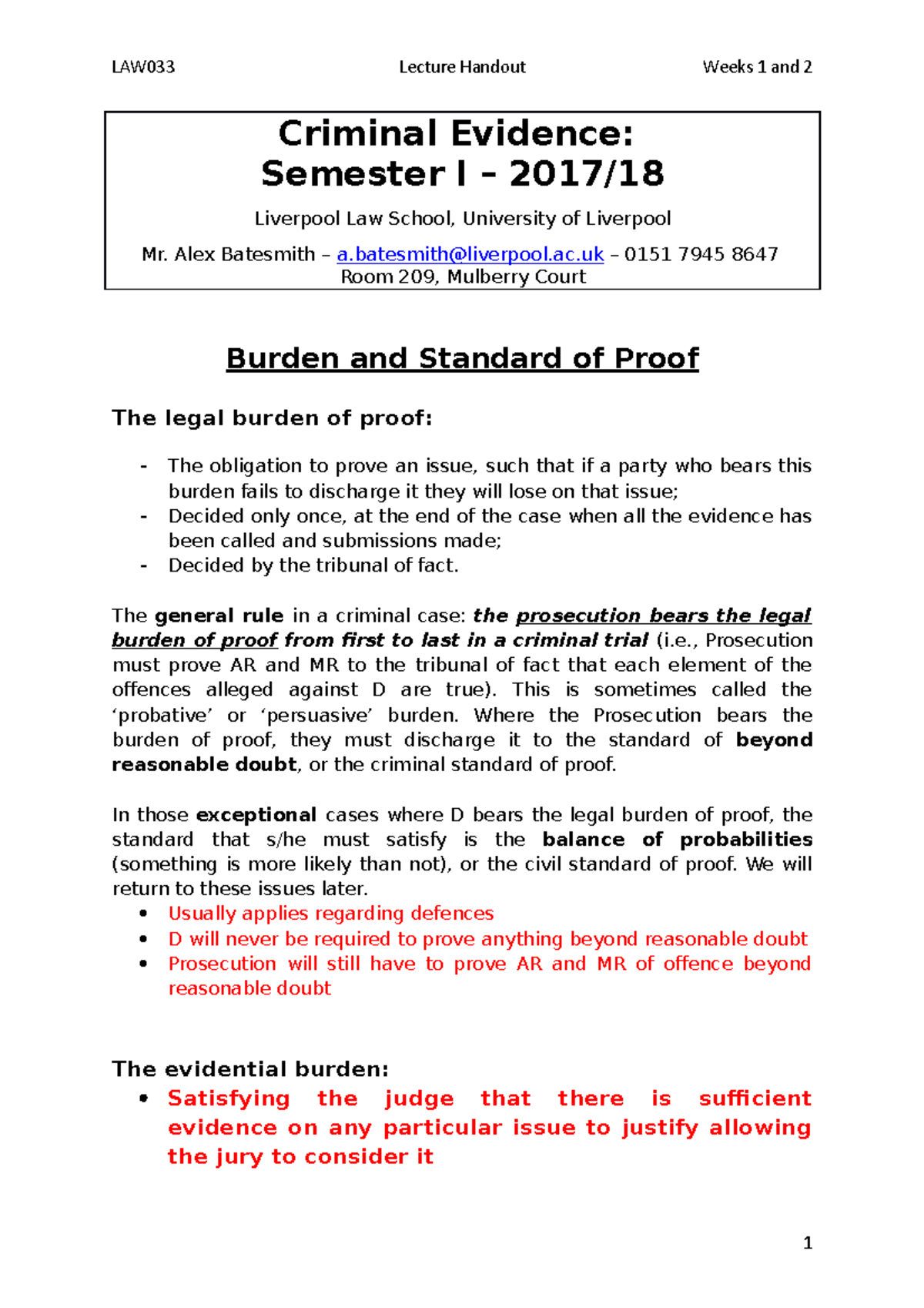 Burden And Standard Of Proof - Criminal Evidence: Semester I – 2017 / ...