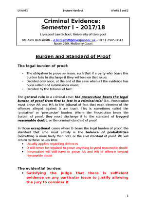 Criminal evidence lecture 3 - CRIMINAL EVIDENCE BURDEN AND STANDARD OF ...