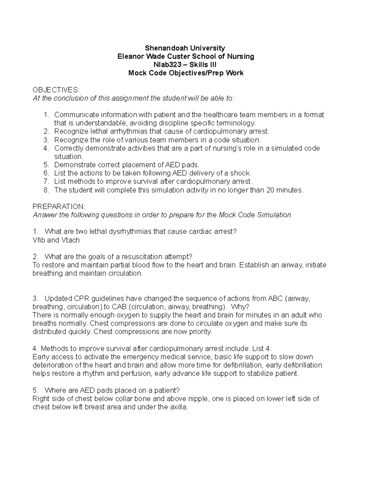 Mock Code Objectives Prep work Sp22 - Shenandoah University Eleanor ...