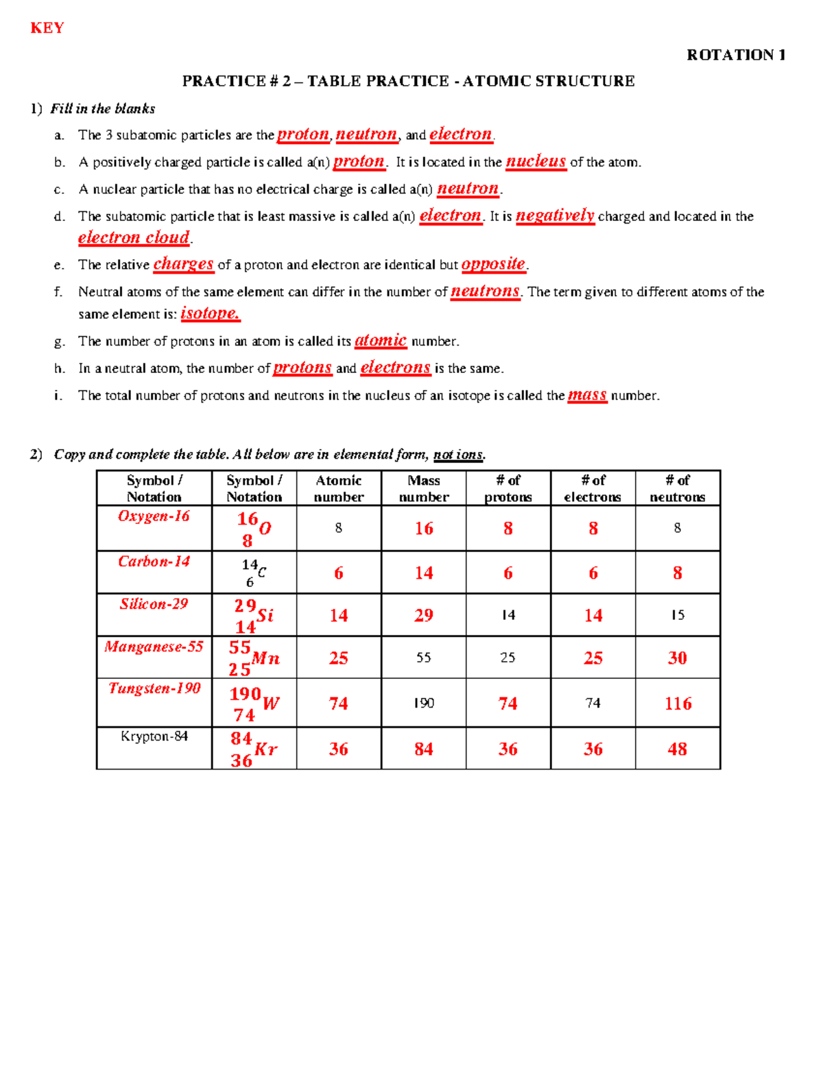 KEY Practice 2 - Atomic Structure - KEY ROTATION 1 PRACTICE # 2 – TABLE ...