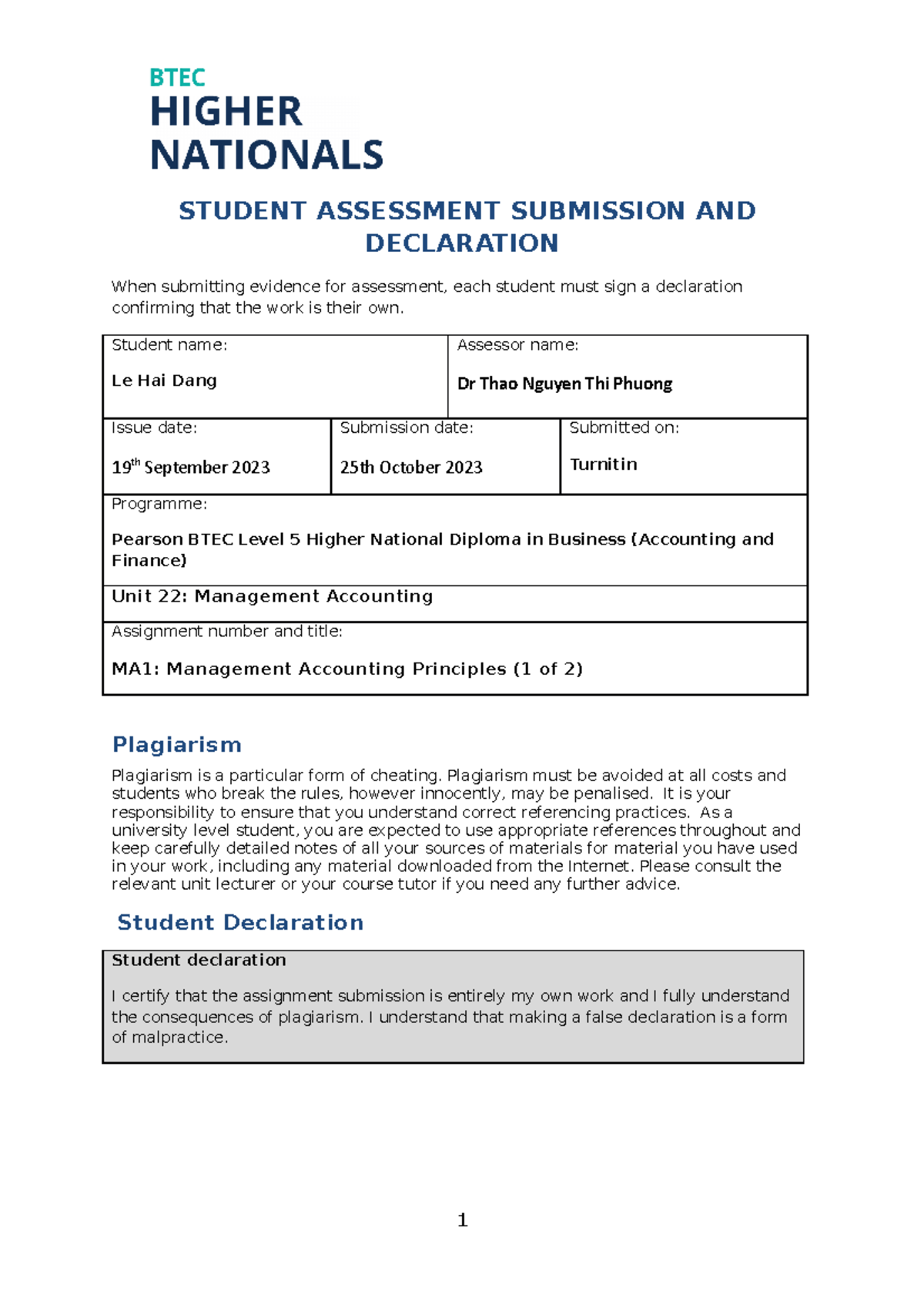 Student Assessment Submission and Declaration 1 2 - STUDENT ASSESSMENT ...