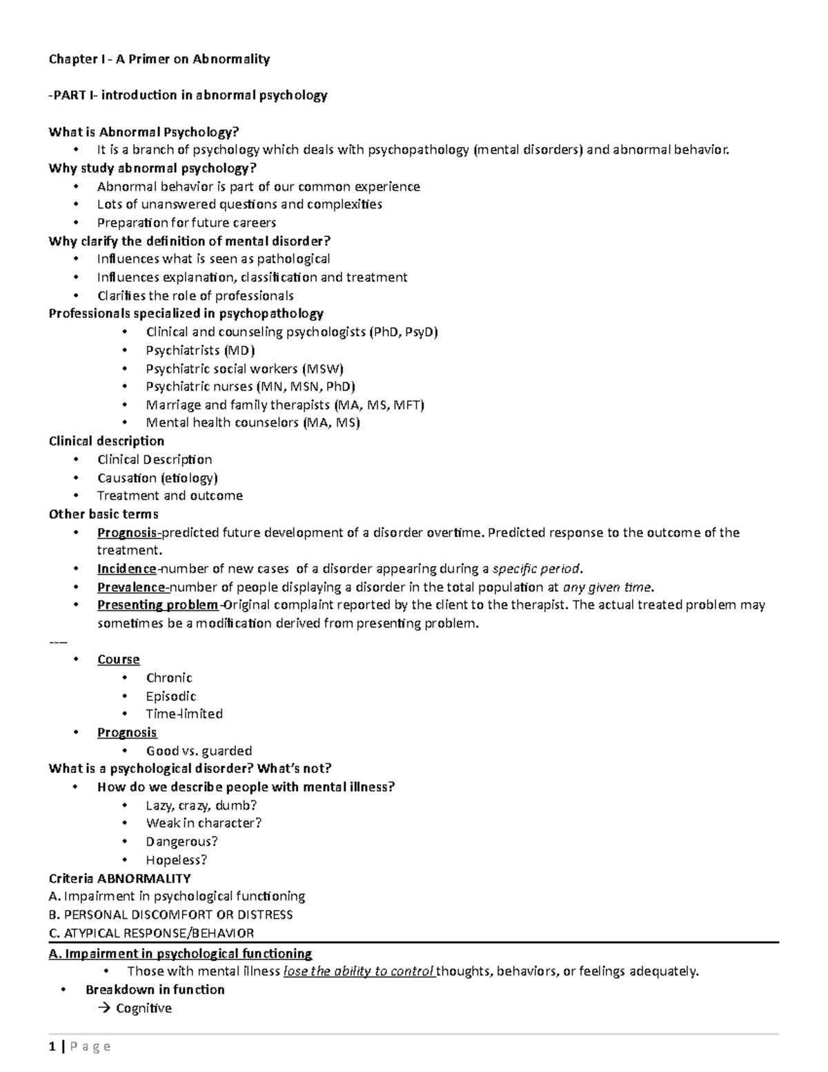 Chapter I A Primer On Abnormality - Why Study Abnormal Psychology ...