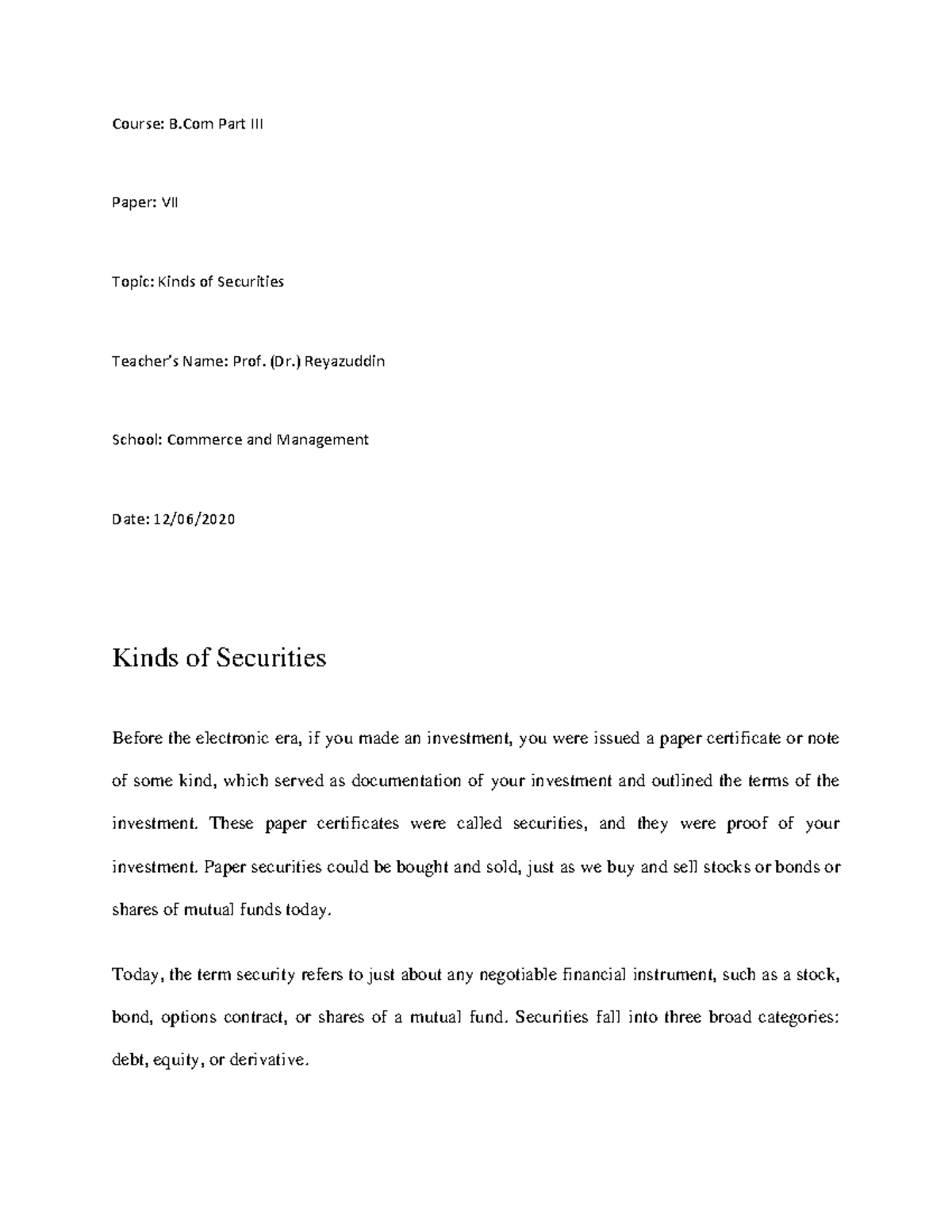 Kinds of Securities- UNIT 1 - Course: B Part III Paper: VII Topic ...