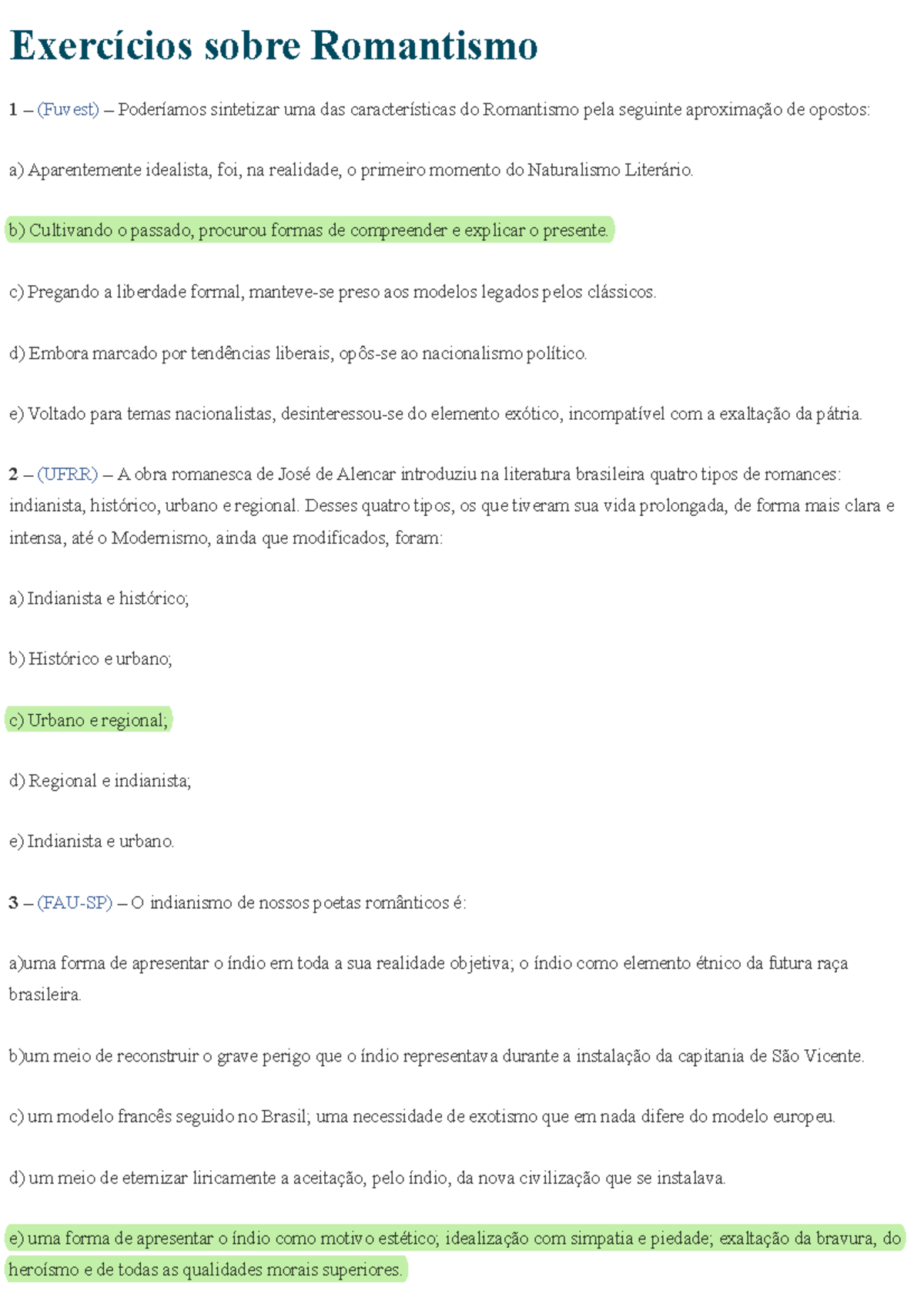 Os 15 Melhores Exercícios sobre Romantismo com Gabarito - Exercícios ...
