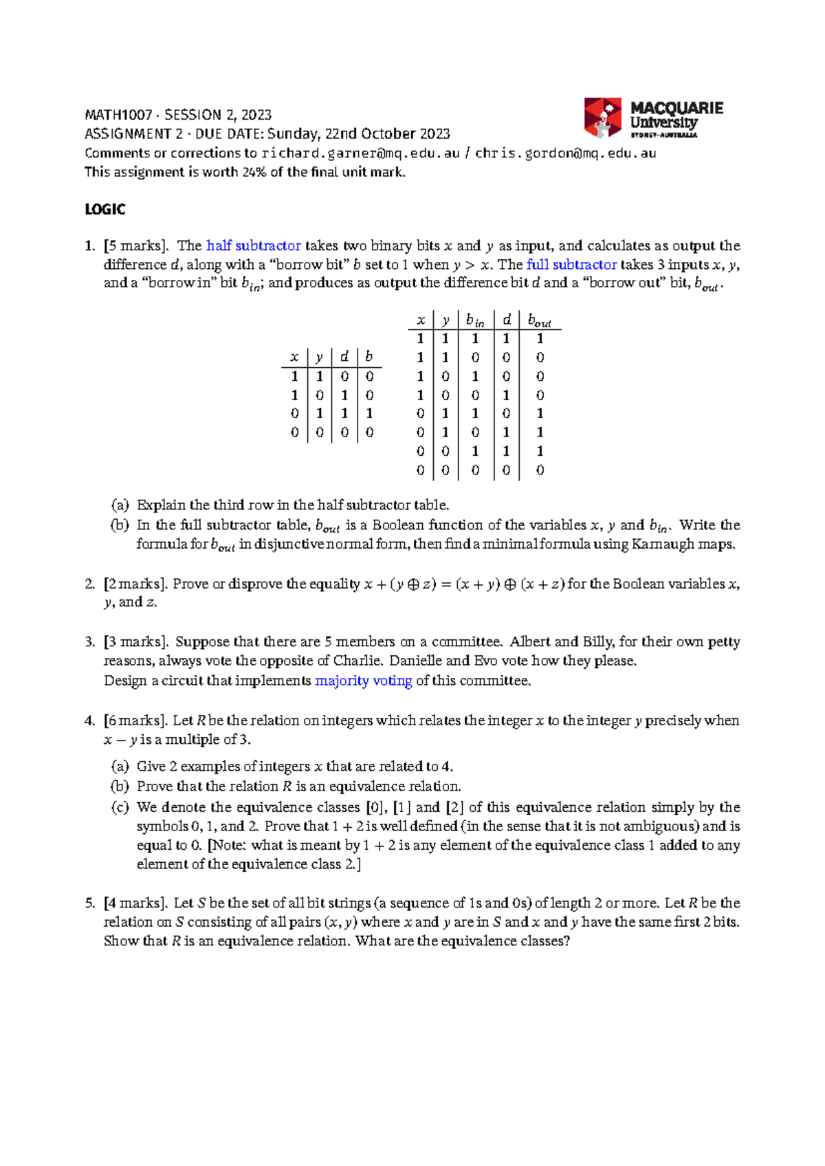 Math1007-assignment-2 - MATH1007 ⋅ SESSION 2, 2023 ASSIGNMENT 2 ⋅ DUE ...