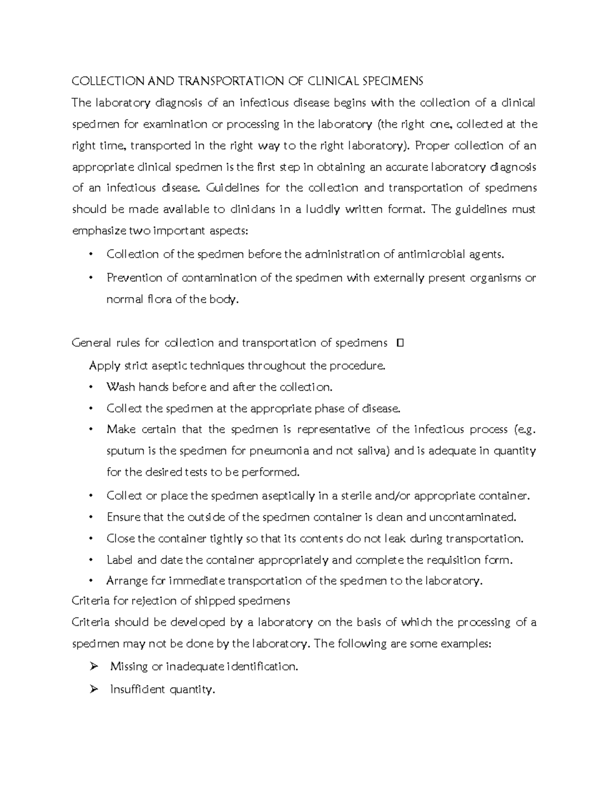 Collection AND Transportation OF Clinical Specimens COLLECTION AND