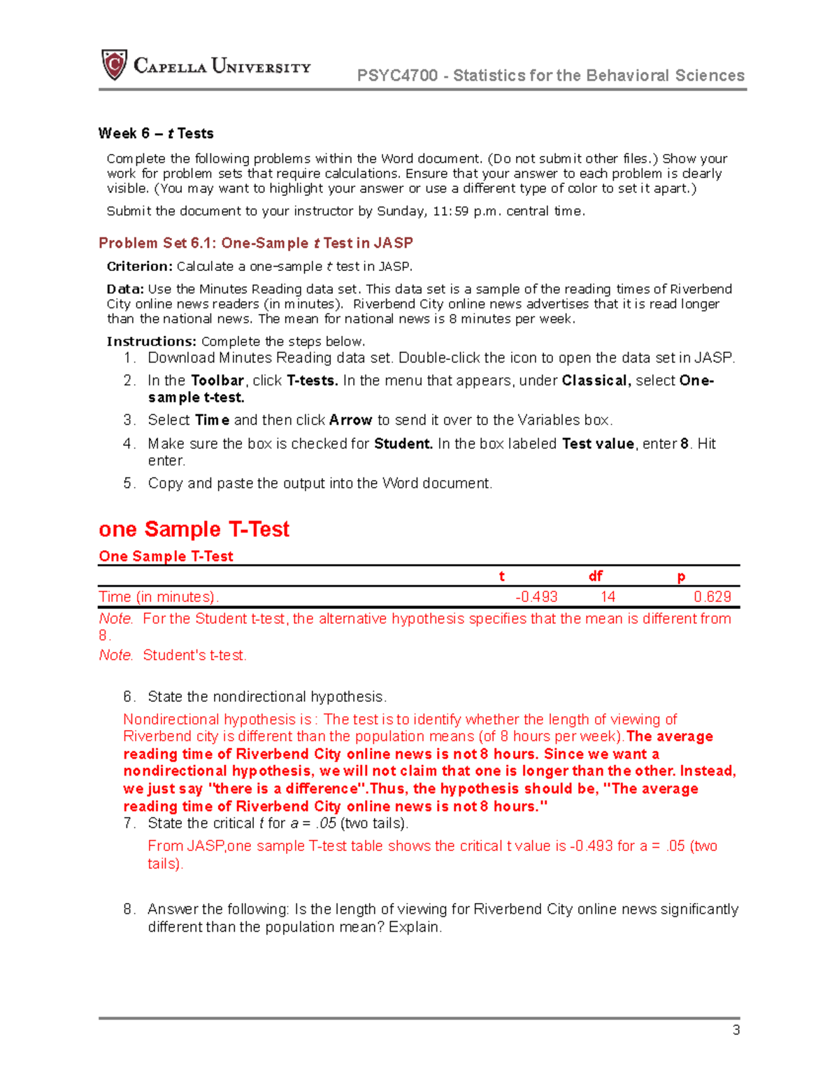 Week 6 assignment - Week 6 – t Tests Complete the following problems ...