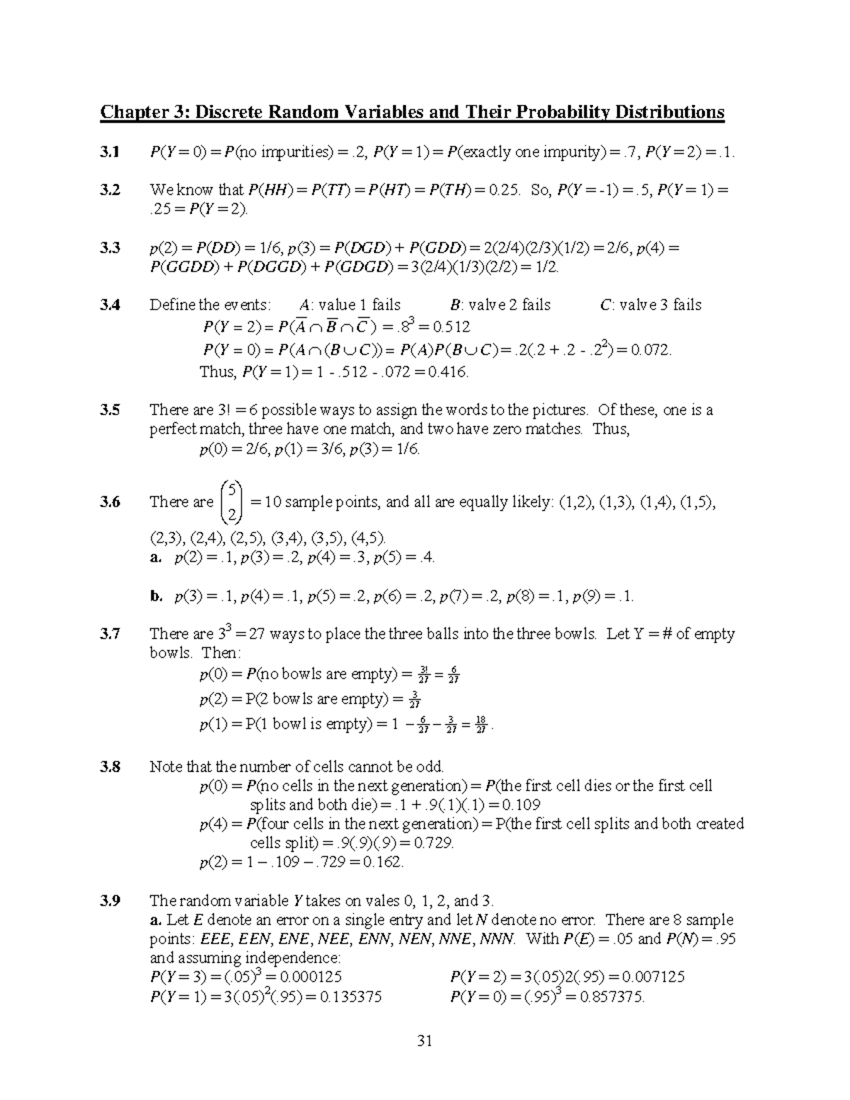 ISM chapter 3 - Manual Solution - 31 3 P(Y = 0) = P(no impurities) = .2 ...