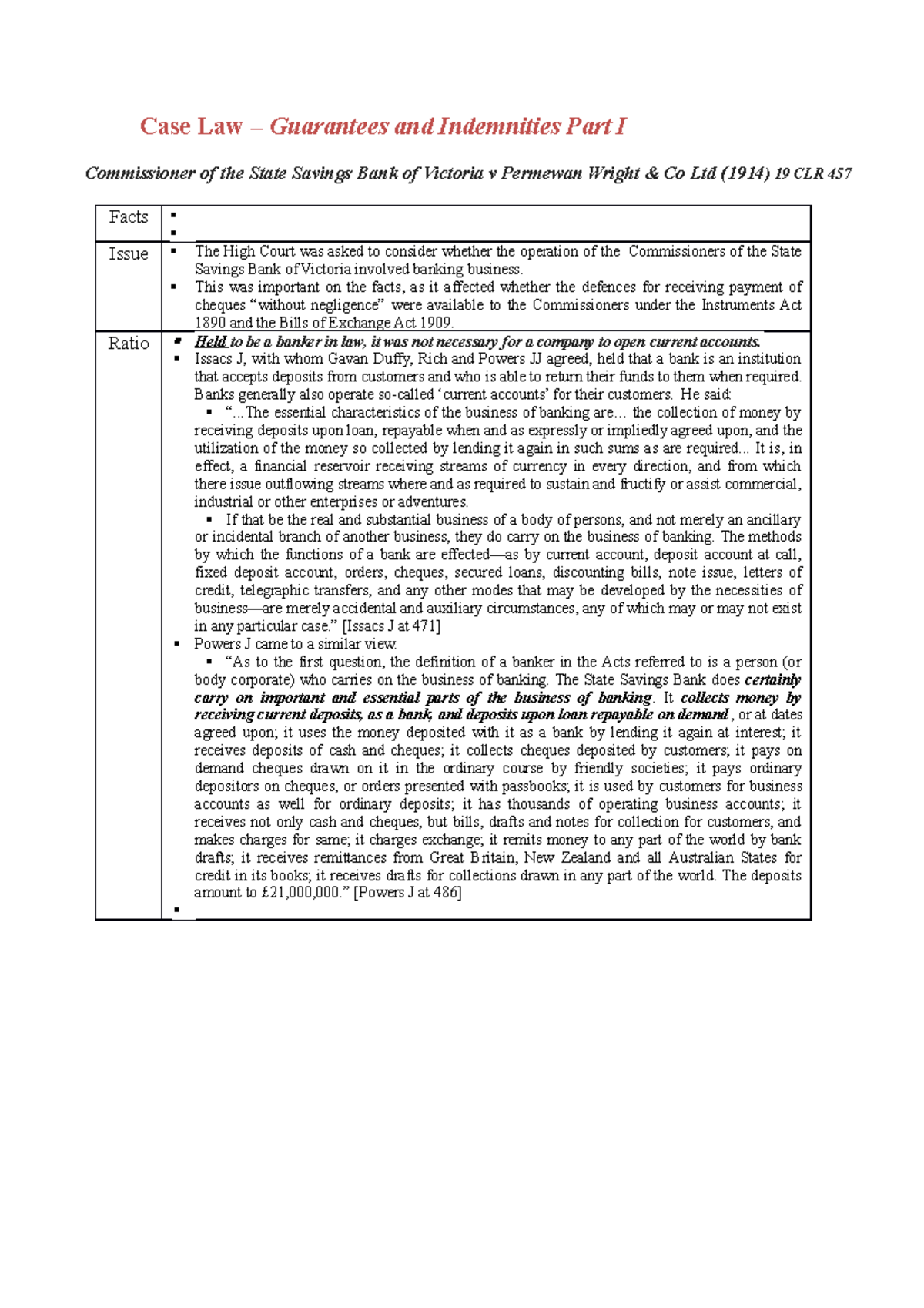 Case Law Guarantees and Indemnities Part I This was important on