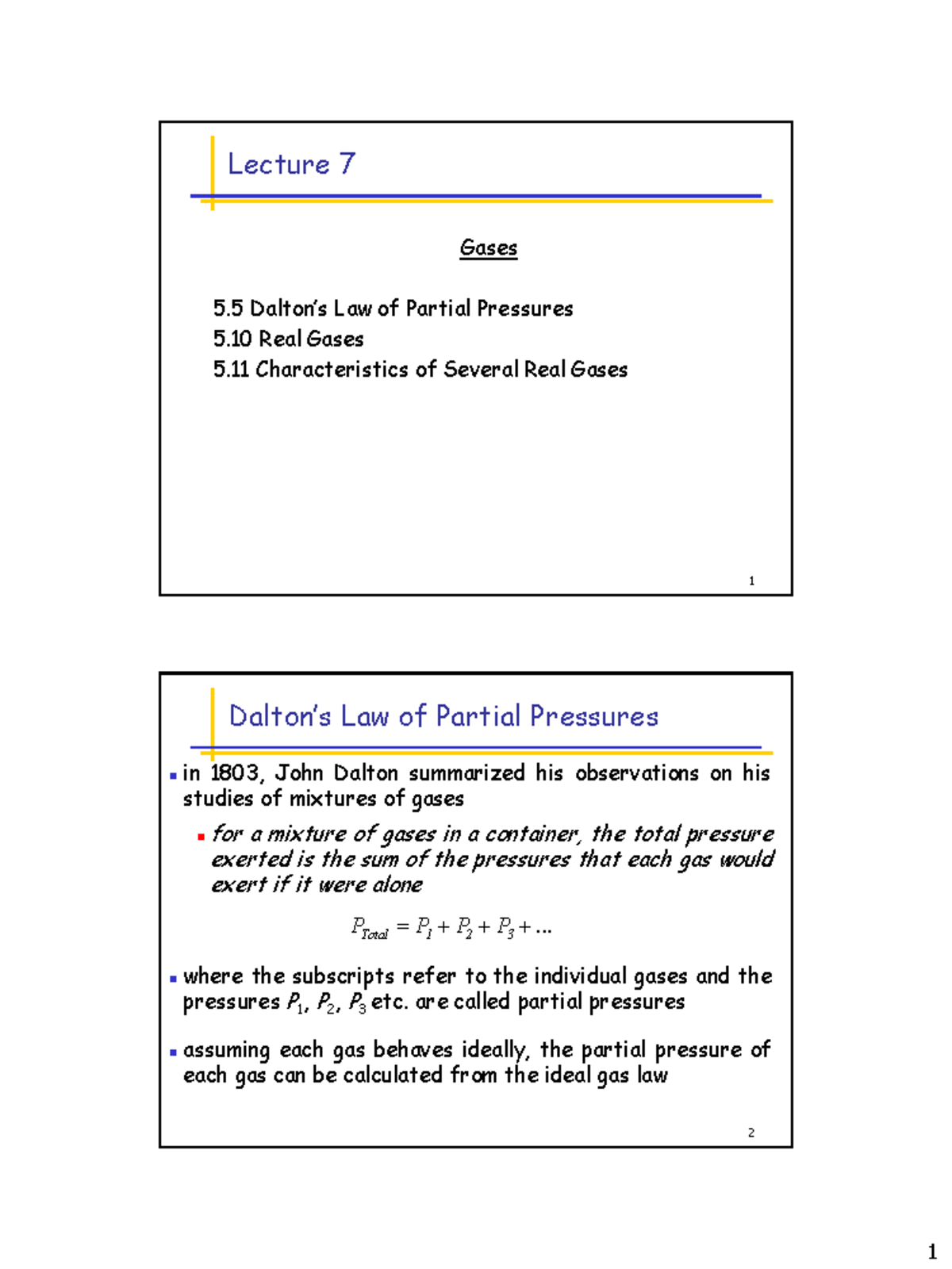 Lecture 7 - lec 7 - 1 Gases 5 Dalton’s Law of Partial Pressures 5 Real ...