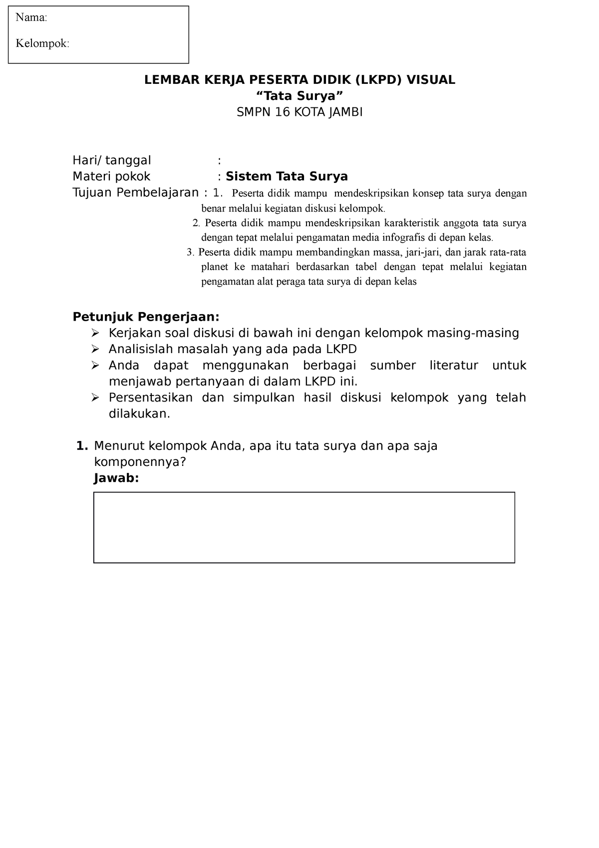 Lembar Kerja Peserta Didik Visual Lembar Kerja Peserta Didik Lkpd Visual “tata Surya” Smpn 4729