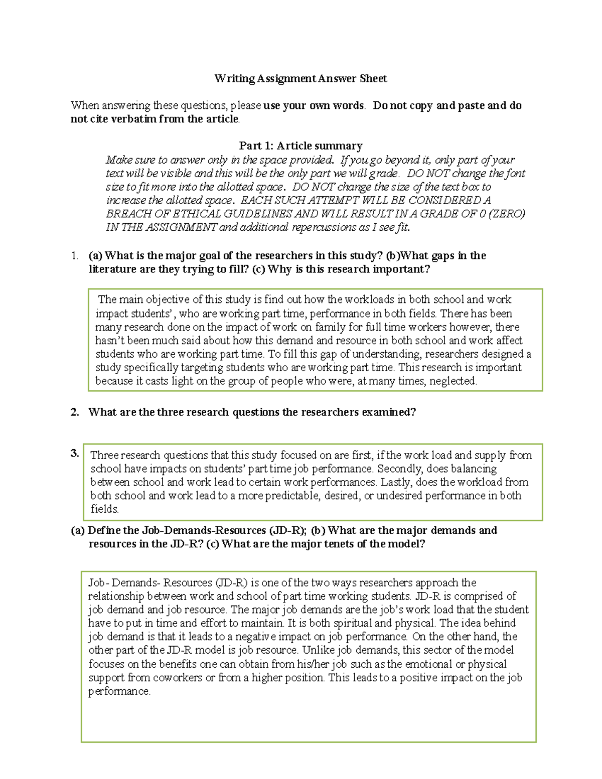 Writing Assignment answer sheet Final - Three research questions that ...