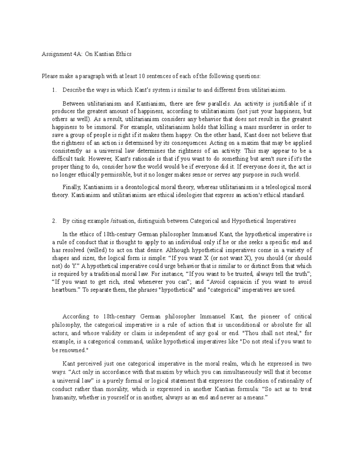 Assignment 4a On Kantian Ethics Assignment 4a On Kantian Ethics Please Make A Paragraph With At Studocu