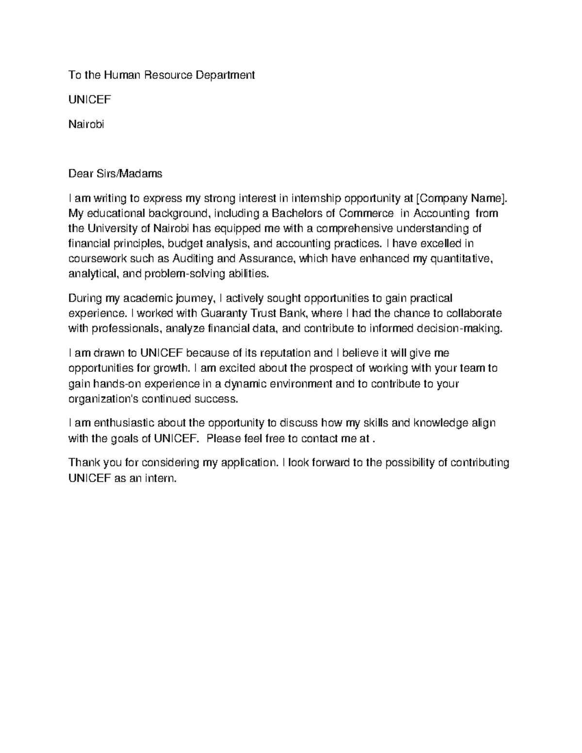 Cover Letter To the Human Resource Department UNICEF Nairobi Dear