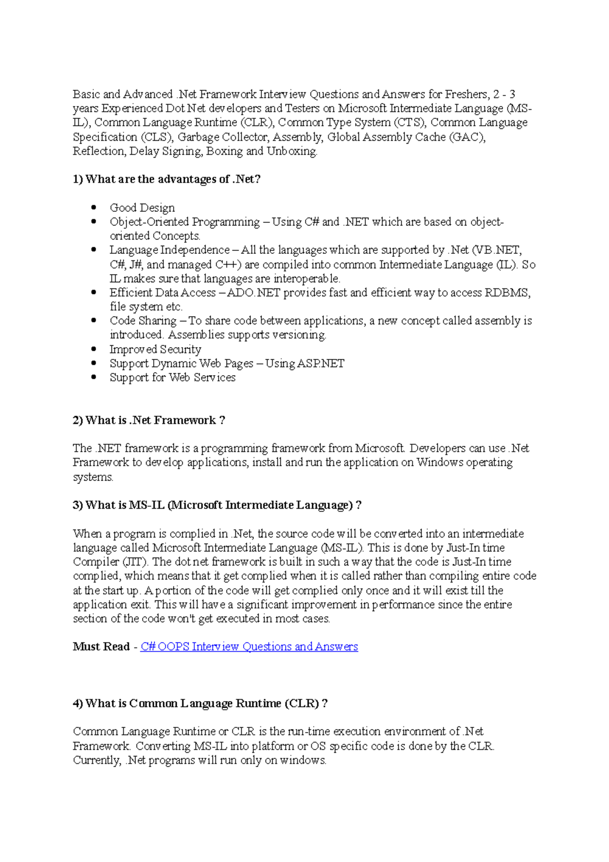 NET framework qst Basic and Advanced Framework Interview