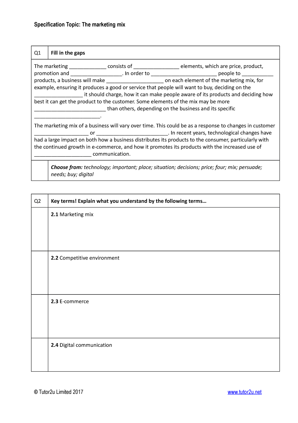 1.5.3 marketing mix - Specification Topic: The marketing mix Q1 Fill in ...