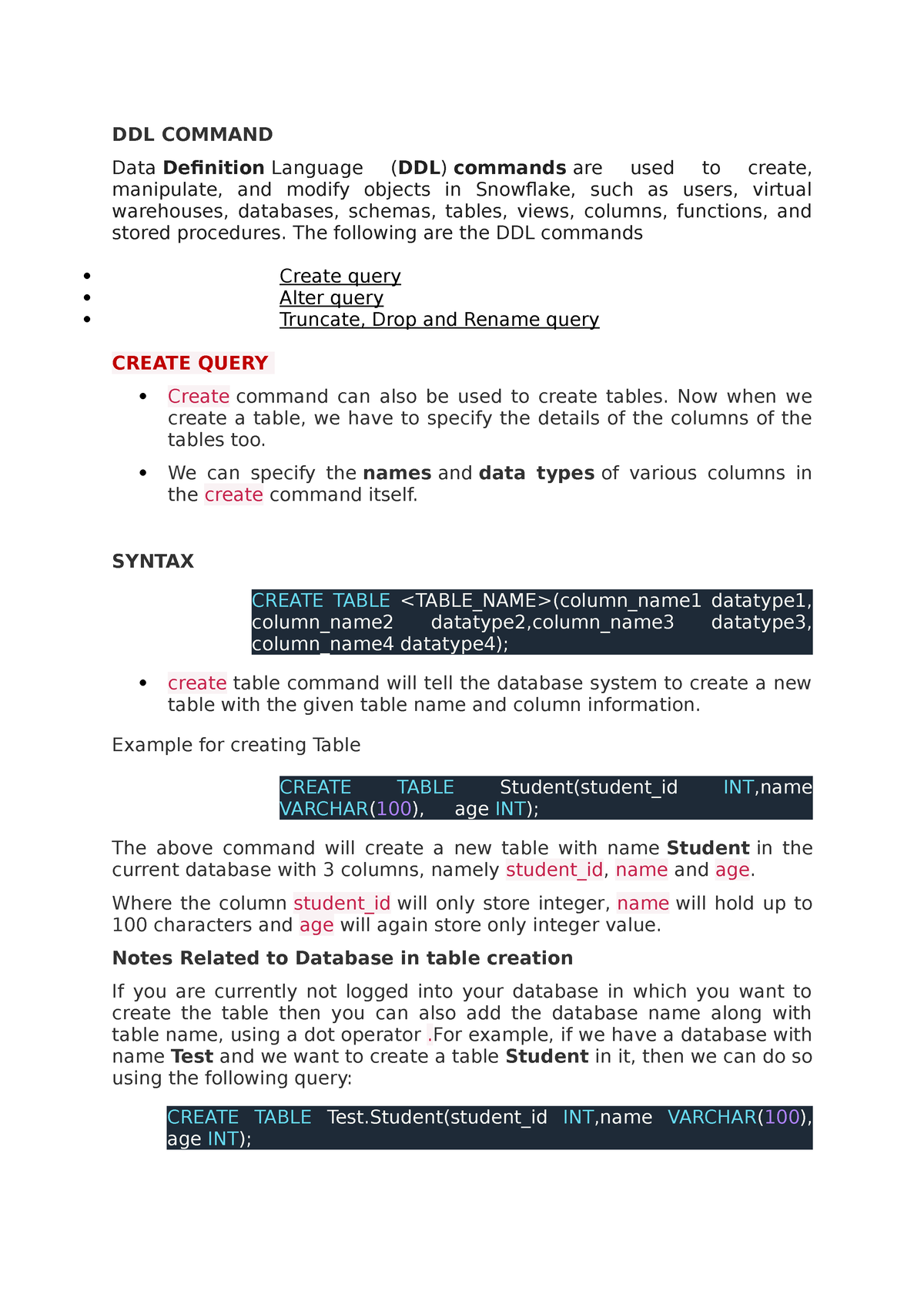 DDL Command Data Definition Language in sql DDL COMMAND Data