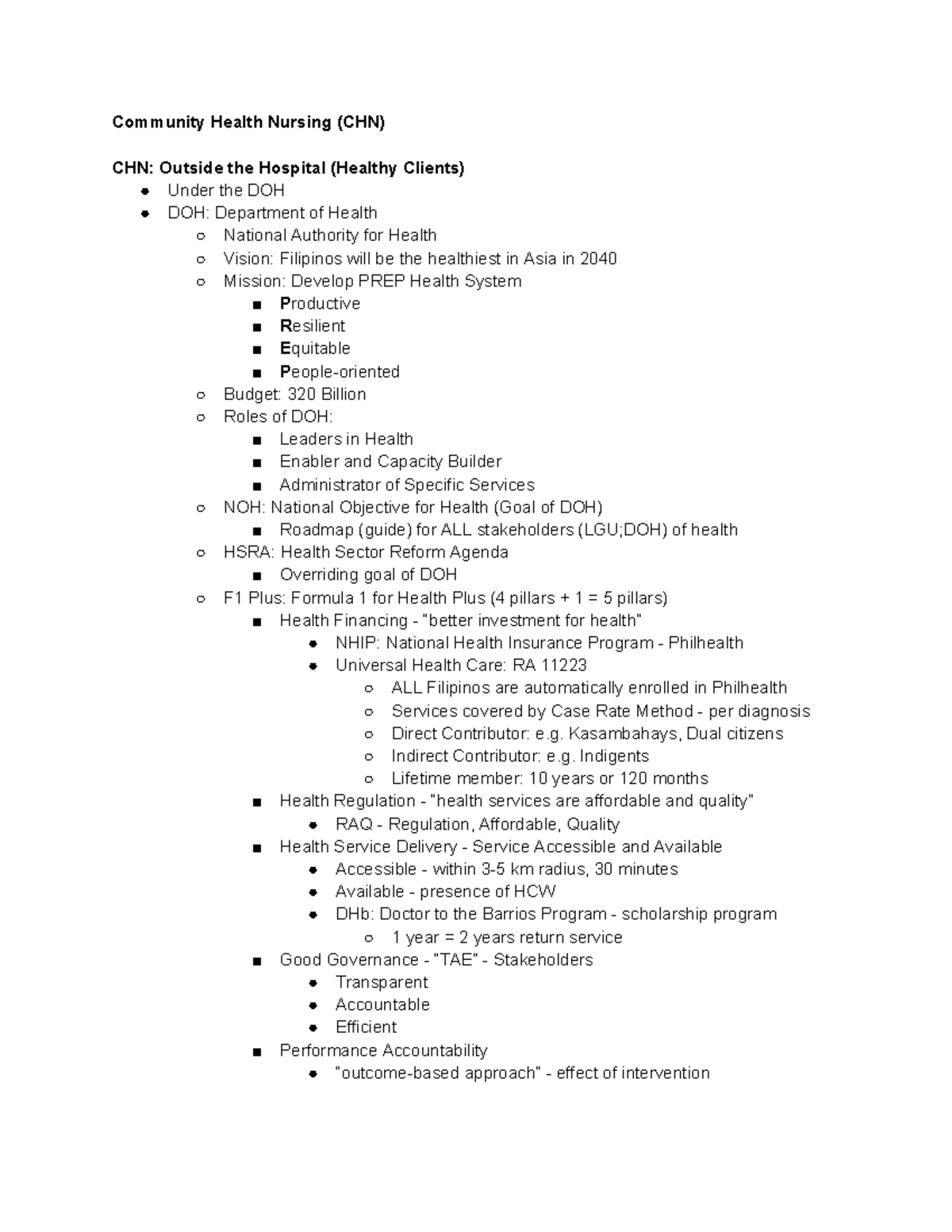 Chn Notes Summary Community Health Nursing Chn Chn Outside The Hospital Healthy Clients