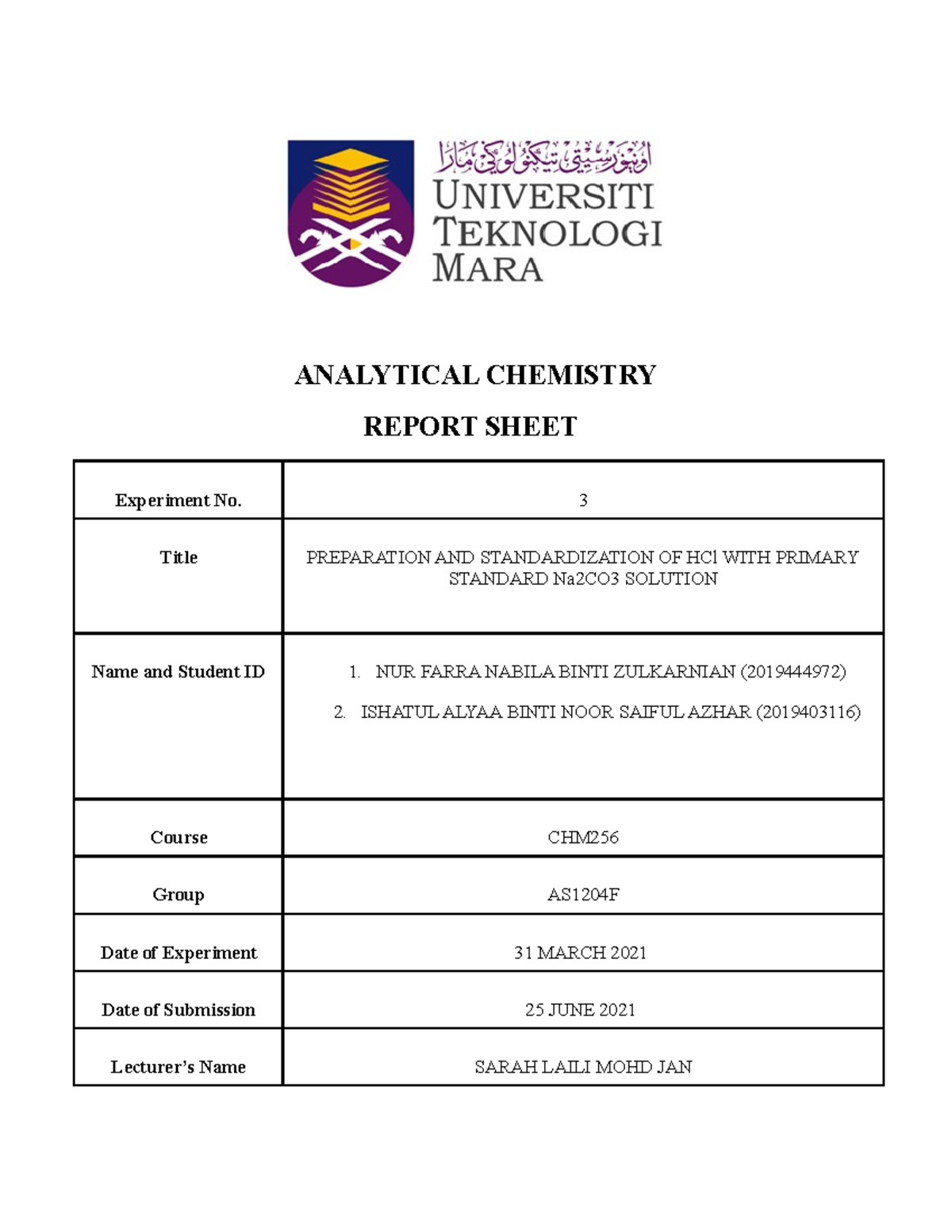 LABRATORY REPORT CHM256 (BASIC ANALYTICAL CHEMISTRY) - ANALYTICAL ...