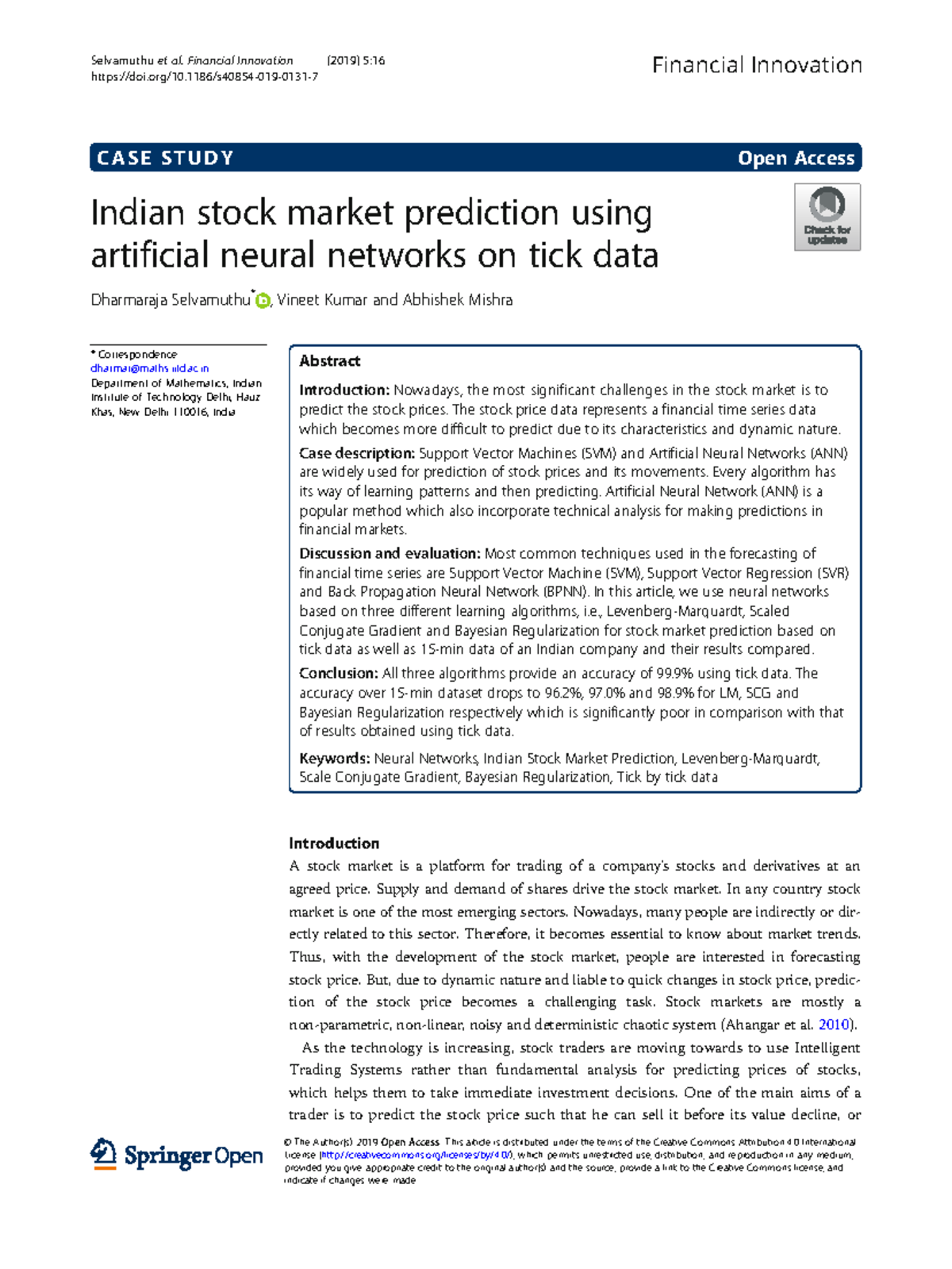 Neural network.011 - C A S E S T U D Y Open Access Indian stock market ...