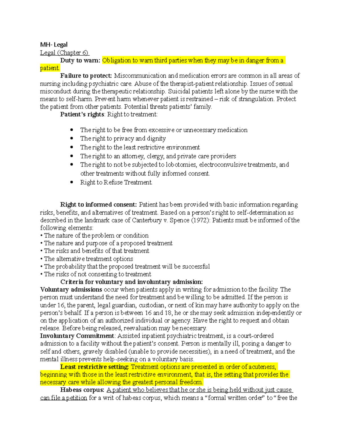 MH- Legal - MH- Legal Legal (Chapter 6) Duty to warn: Obligation to ...