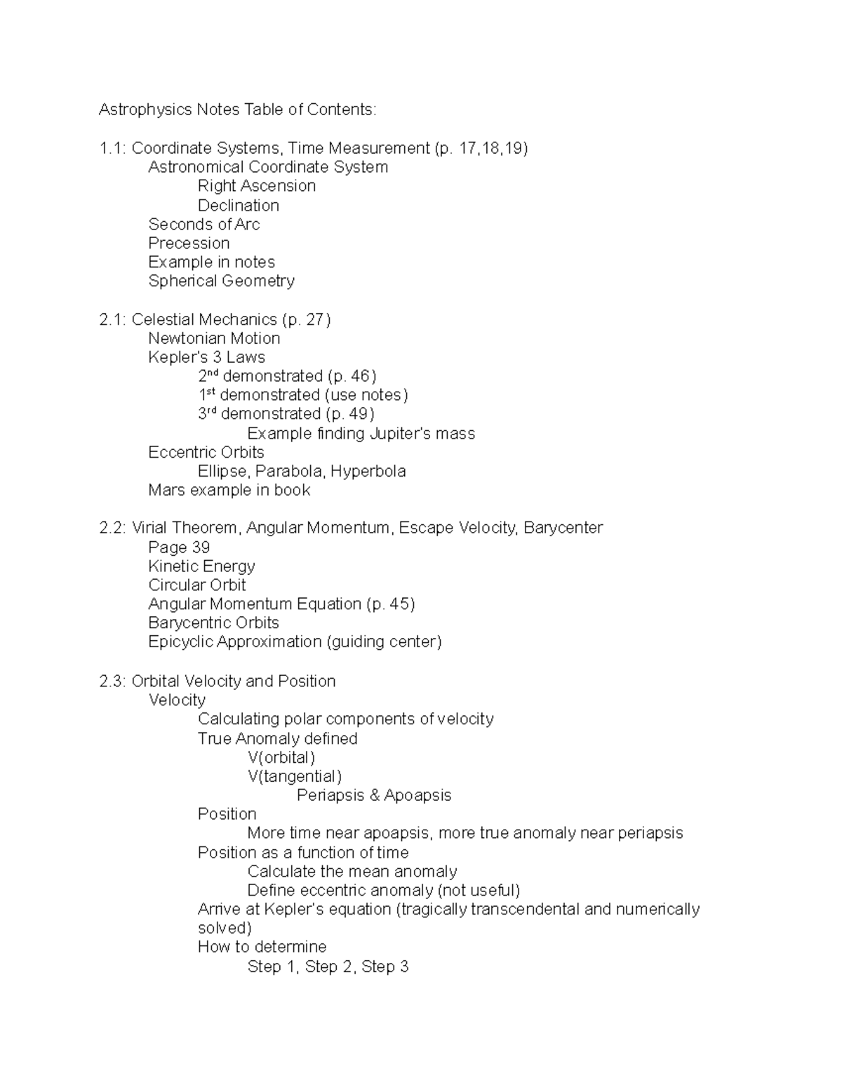 Astrophysics Notes Table of Contents - 17,18,19) Astronomical ...