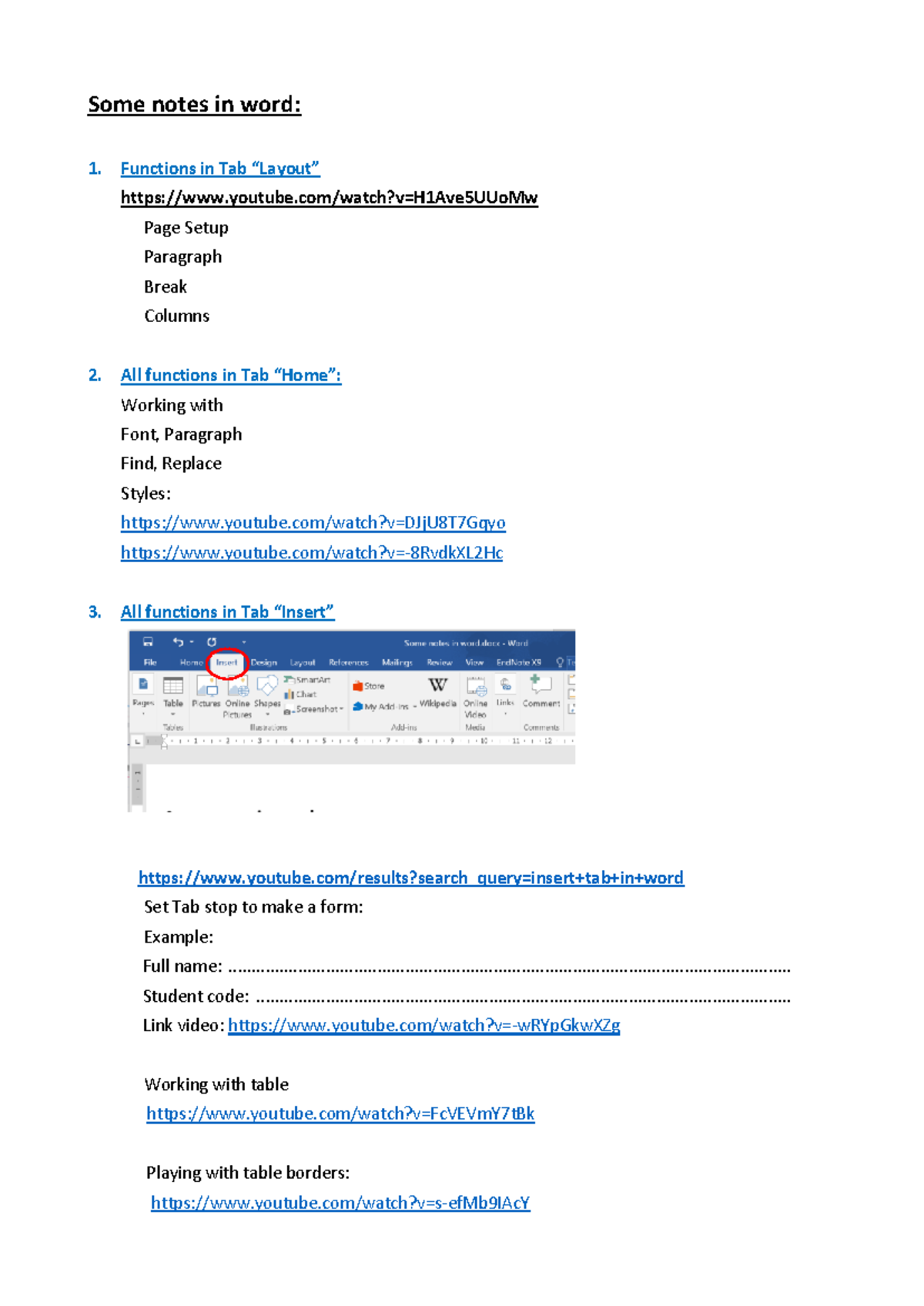 All main functions in word Some notes in word Functions in Tab