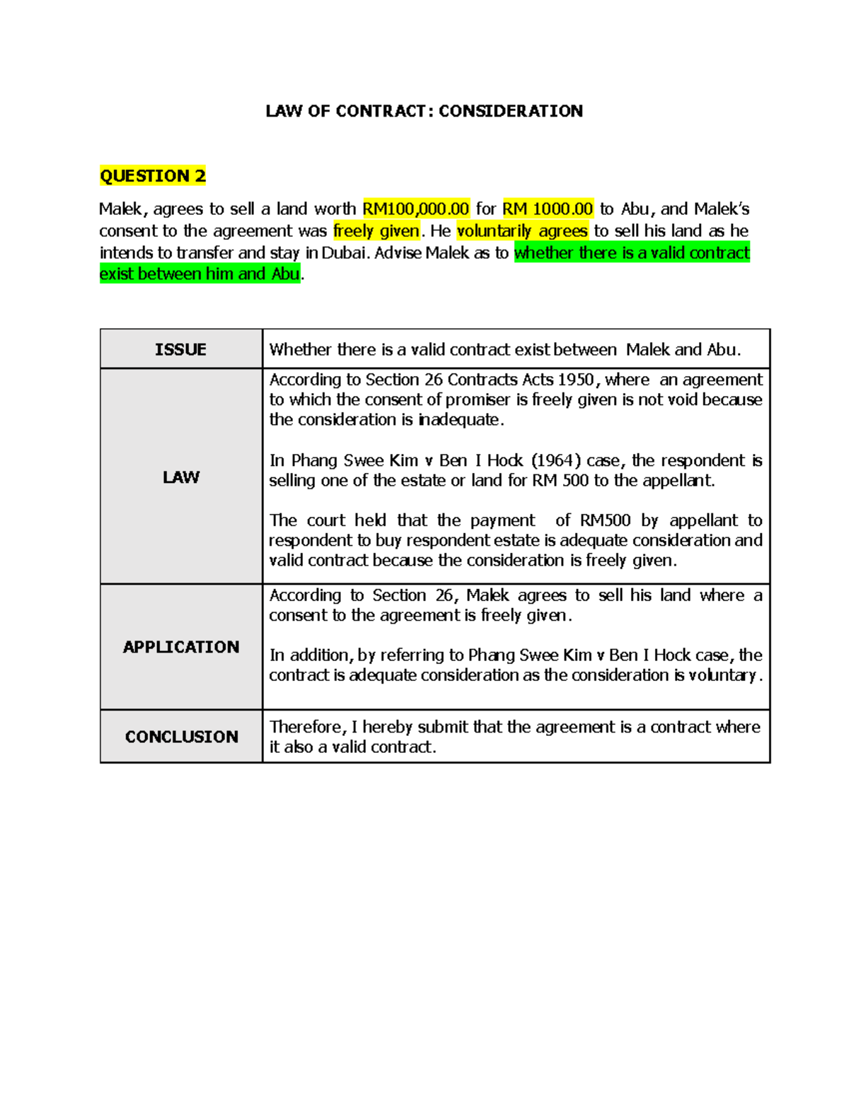 Fauzan Consideration Exercise - LAW OF CONTRACT: CONSIDERATION QUESTION ...