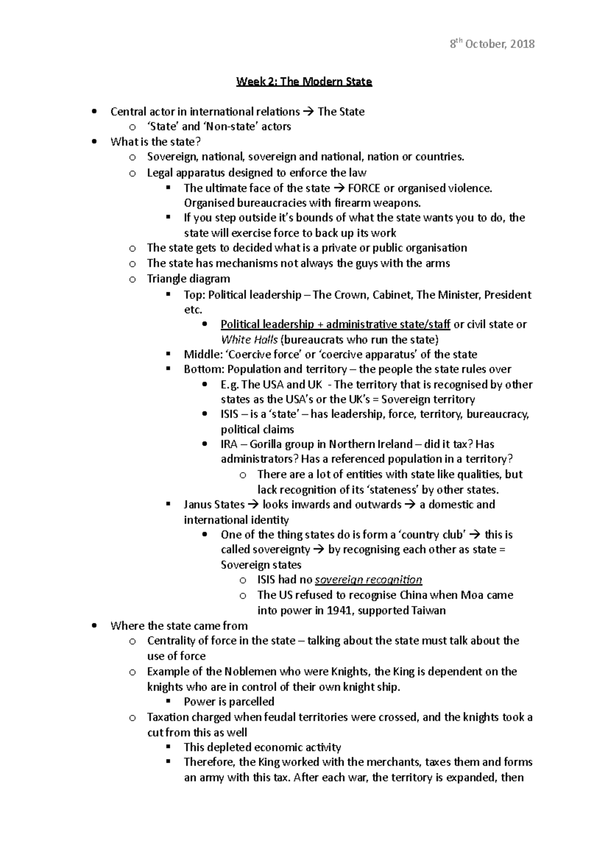 W2-Lecture and Reading notes - Week 2: The Modern State Central actor ...