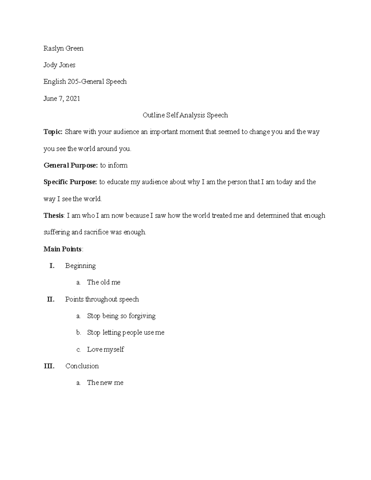 Self Analysis Essay Outline - Raslyn Green Jody Jones English 205 ...