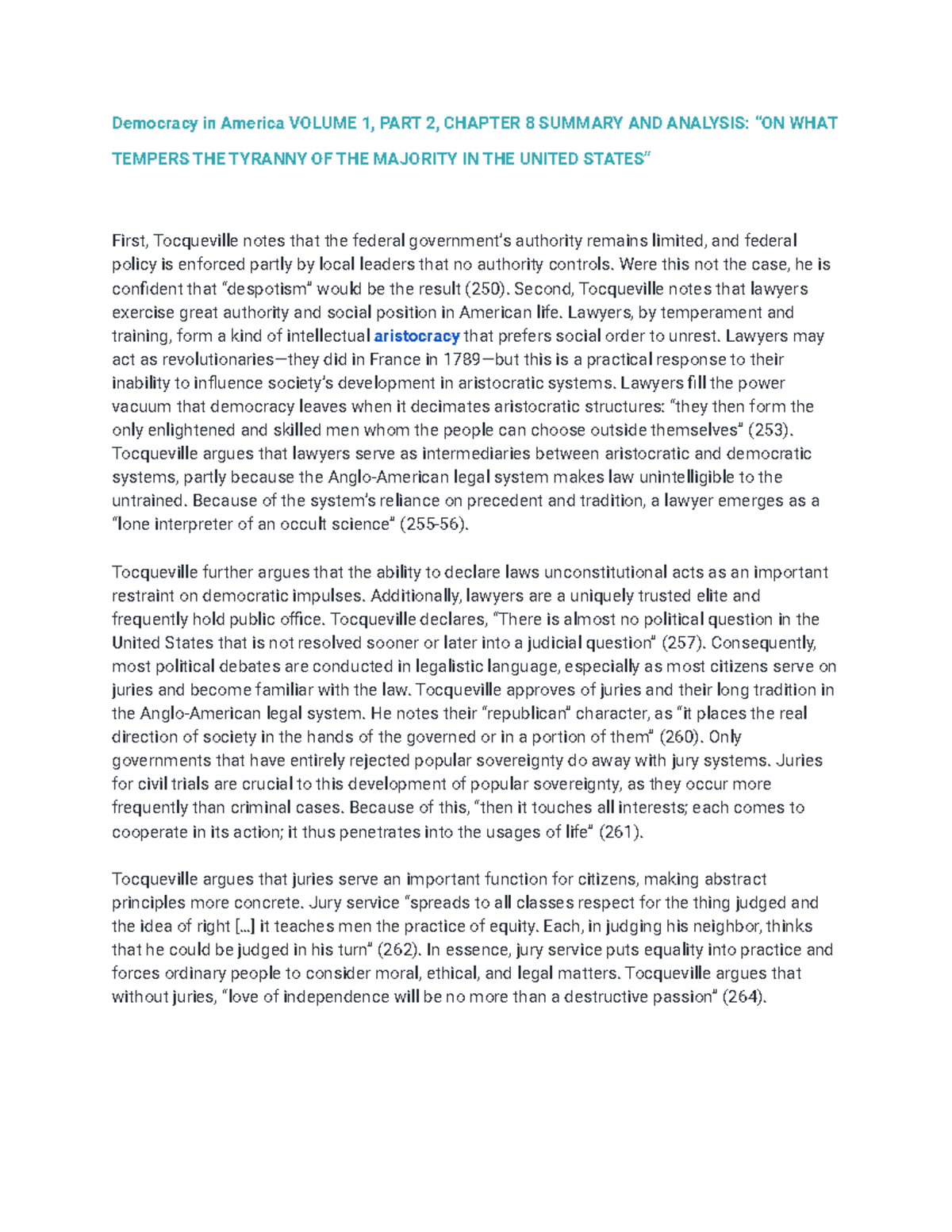 Notes on Chapter 8 Democracy in America Democracy in America VOLUME 1, PART 2, CHAPTER 8