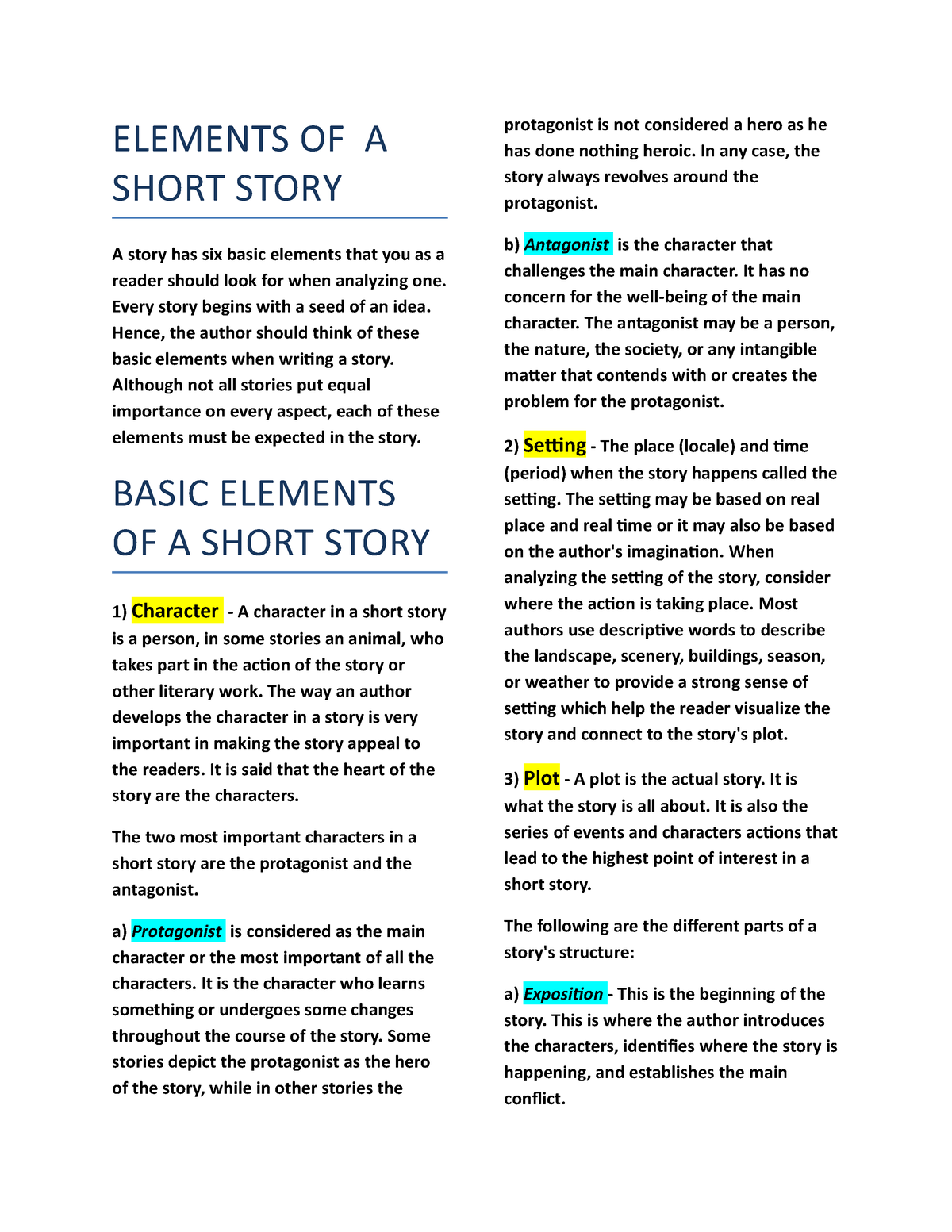 Elements Of AShort Story - ELEMENTS OF A SHORT STORY A story has six ...