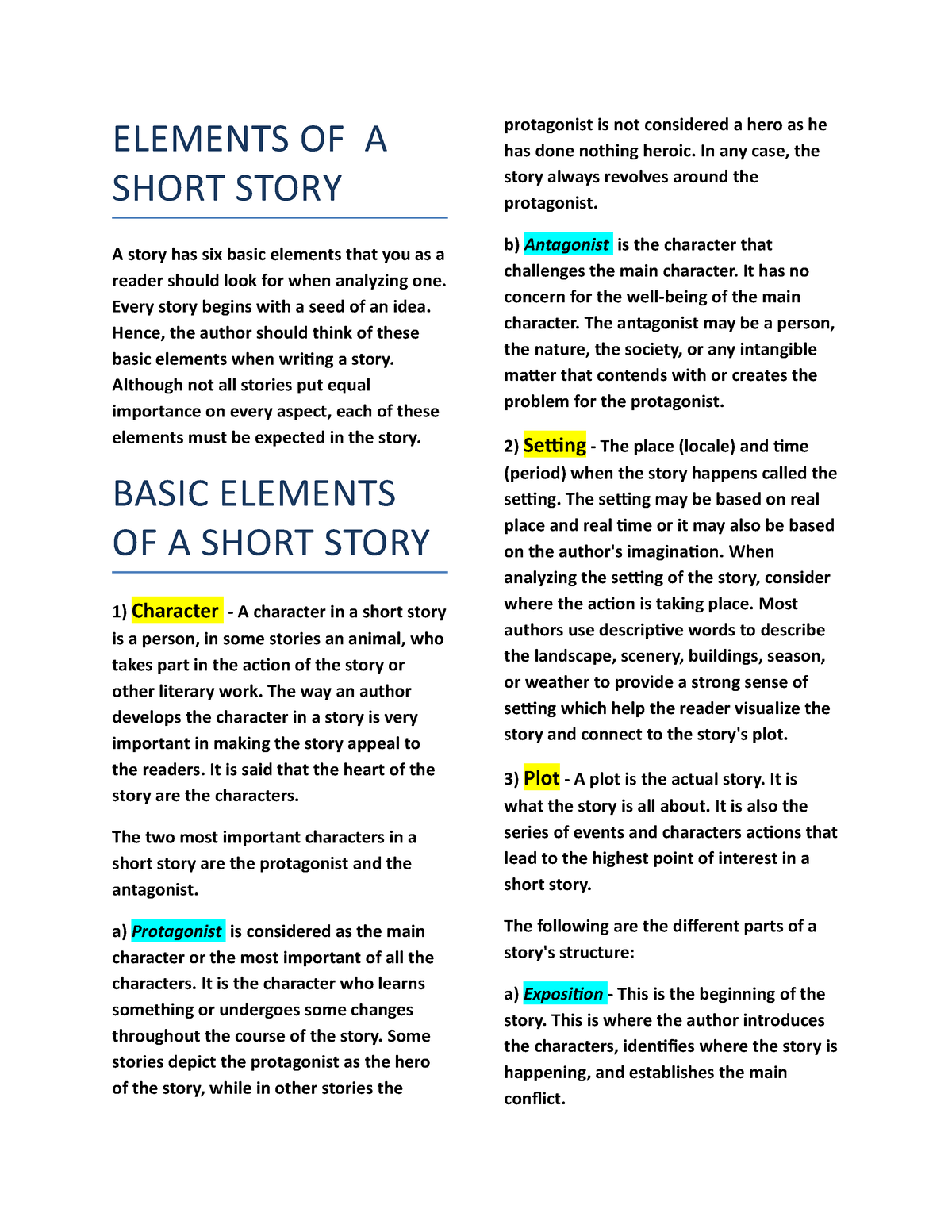 Elements Of AShort Story ELEMENTS OF A SHORT STORY A Story Has Six 