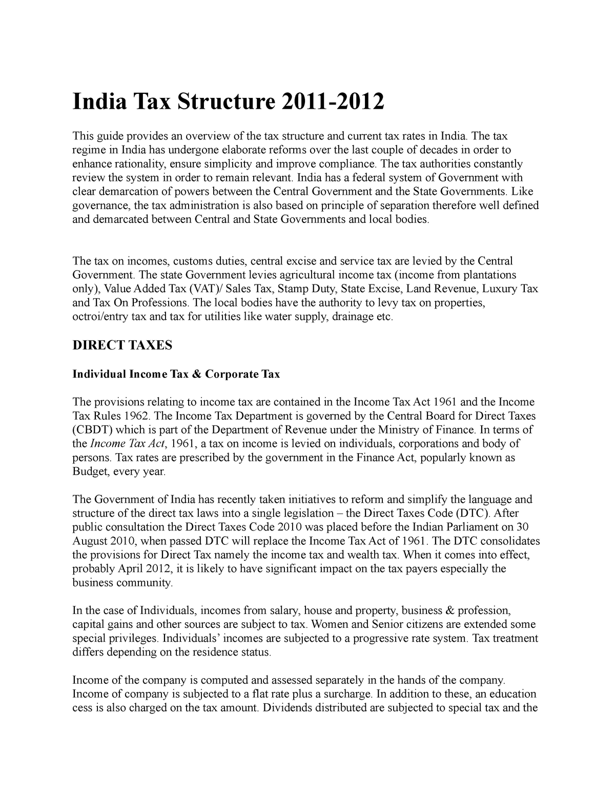 Tax Lecture Notes 11 India Tax Structure 2011 This Guide Provides 