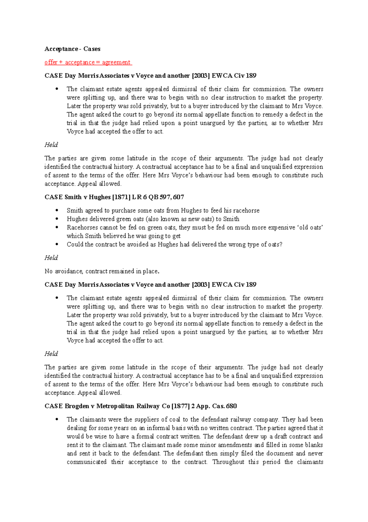 Contract Law Acceptance Acceptance Cases offer + acceptance