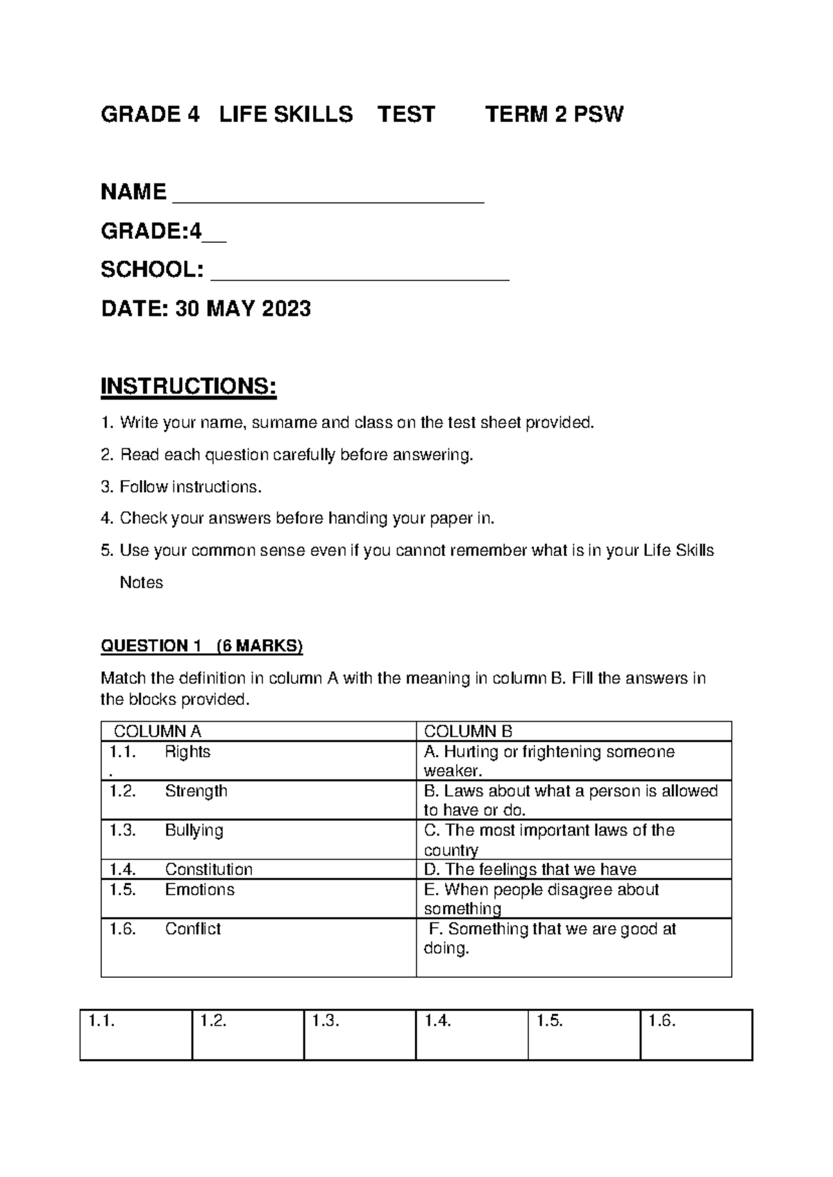 Grade 4 LIFE Skills TEST TERM 2 PSW - GRADE 4 LIFE SKILLS TEST TERM 2 ...