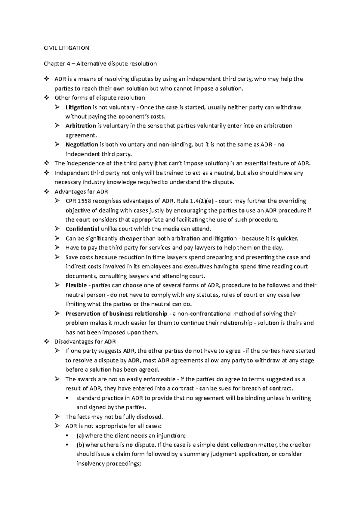 Civil Litigation Chapter 4: Alternative Dispute Resolution (ADR) - Studocu