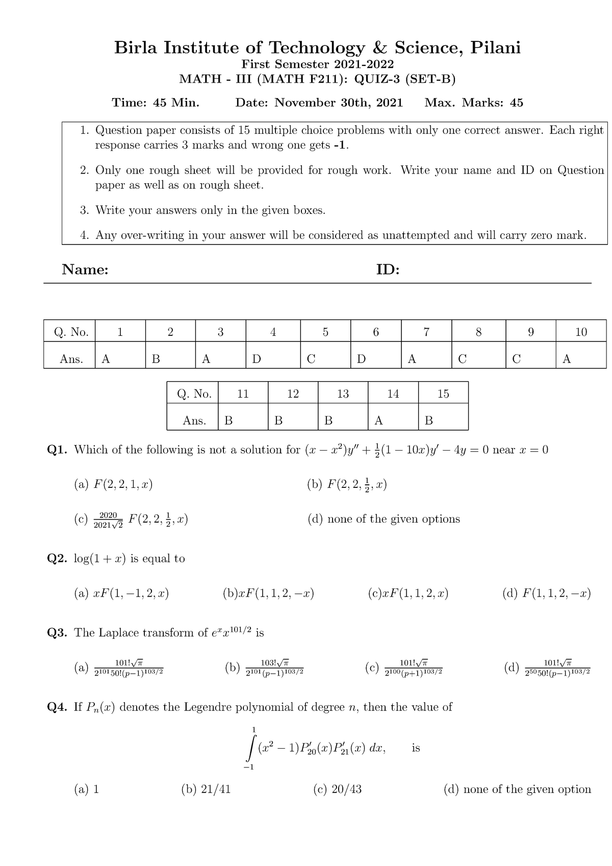 Mathematics 3 (MATHF211) 2021-22 Quiz 3 Set B Paper With Solutions ...