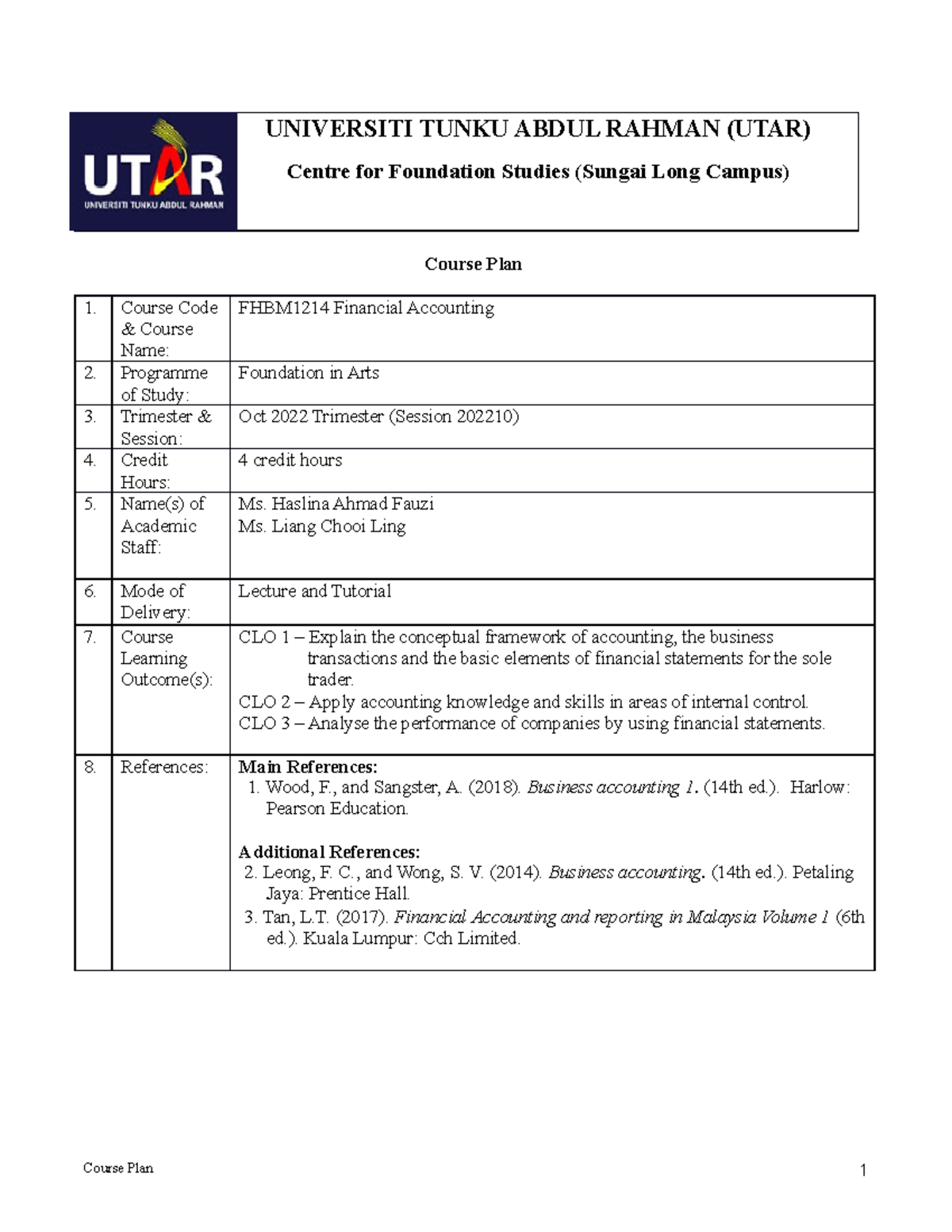 Course plan FHBM1214 202210 - UNIVERSITI TUNKU ABDUL RAHMAN (UTAR ...