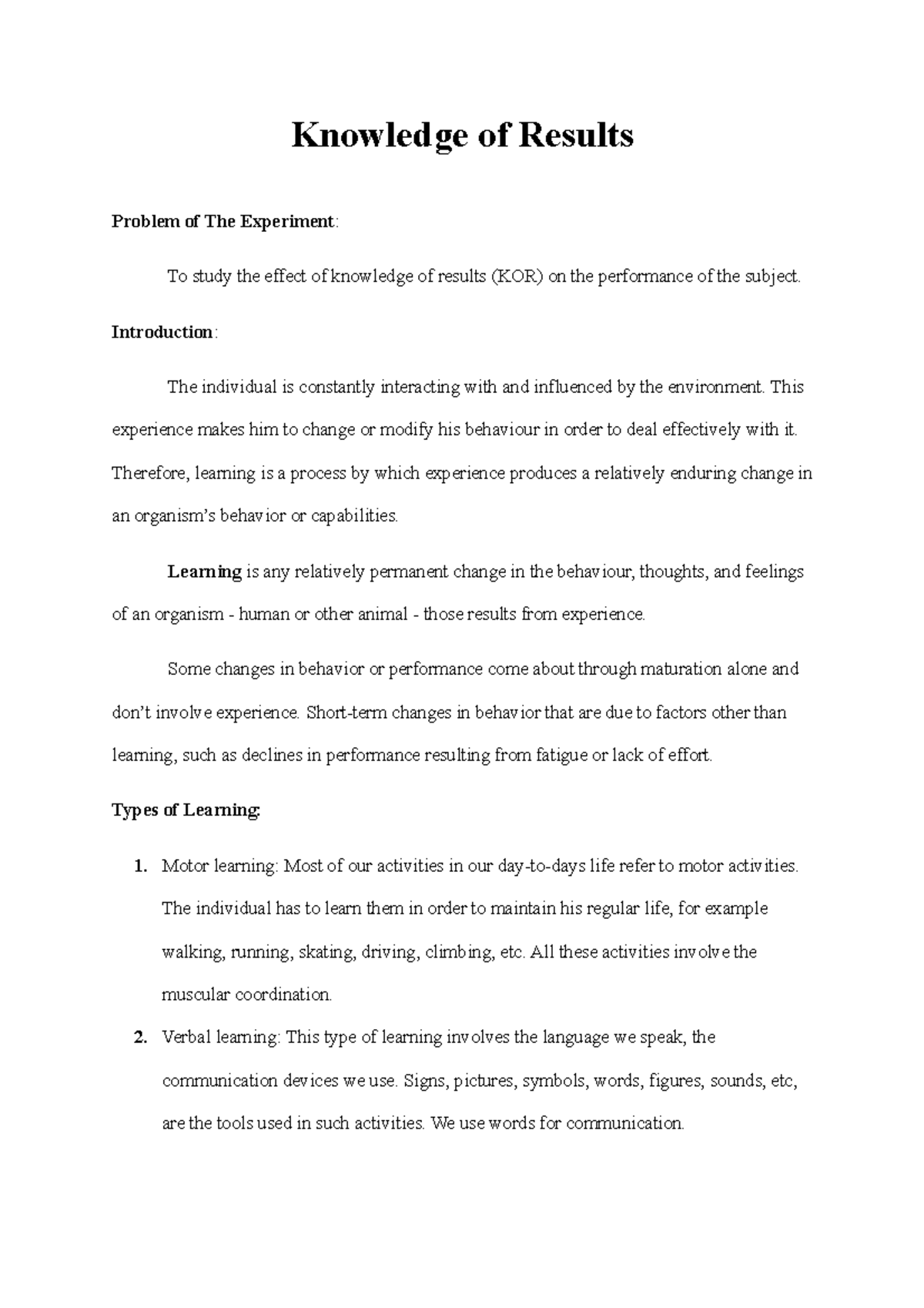 Knowledge of Results - Knowledge of Results Problem of The Experiment ...