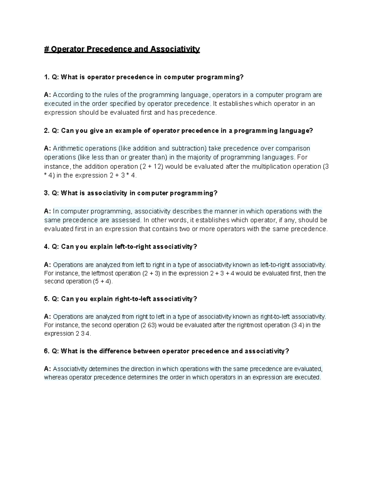 Operator Precedence And Associativity Summary - # Operator Precedence ...