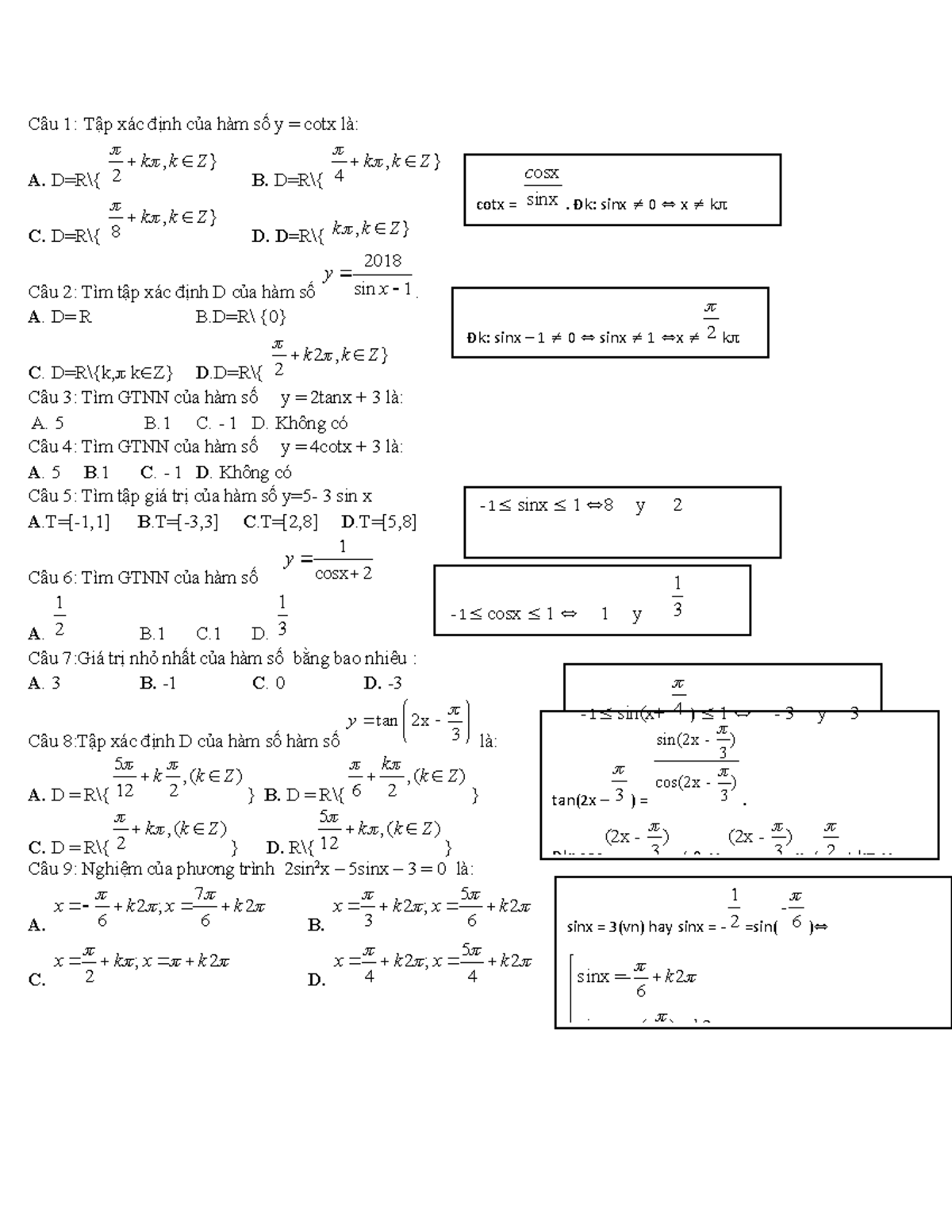 Bản Sao Bai Tap On Chuong 1 Câu 1 Tập Xác định Của Hàm Số Y Cotx Là A D R{ } 2 K K Z