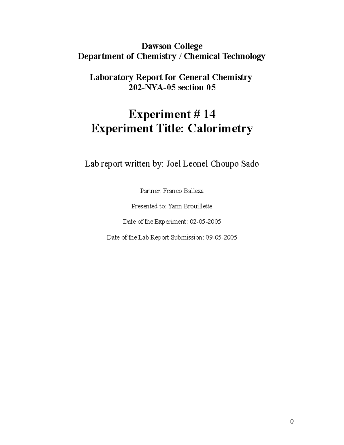 Lab #14 - Lab Report: Calorimetry - Dawson College Department Of ...