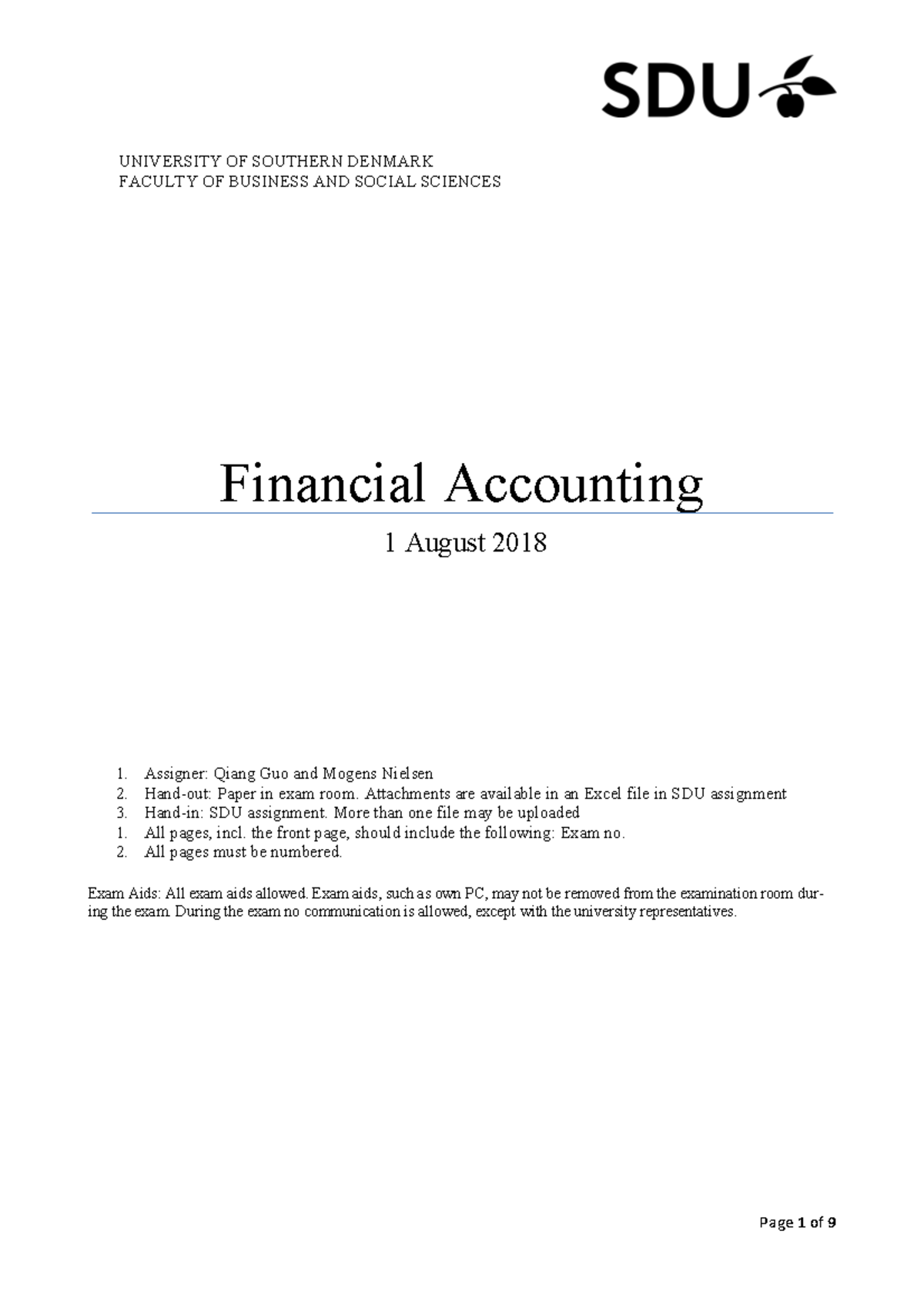 Financial Accounting August 2018 - University Of Southern Denmark 