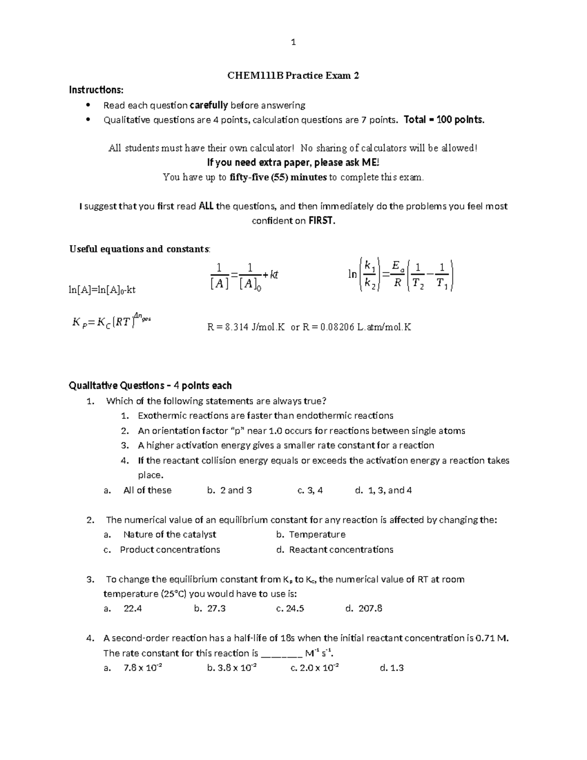 CHEM111B Practice Exam 2 Fall 2024 CHEM111B Practice Exam 2