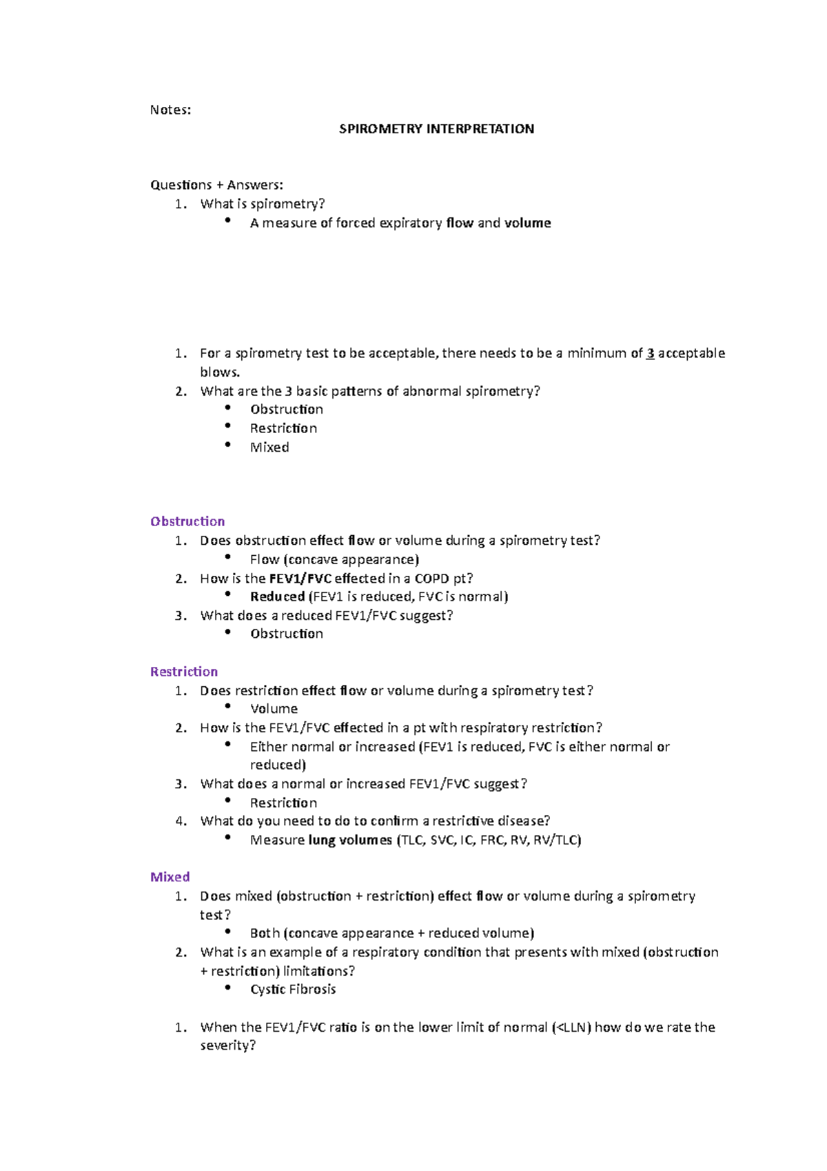 Spirometry Interpretation Notes SPIROMETRY INTERPRETATION Questions